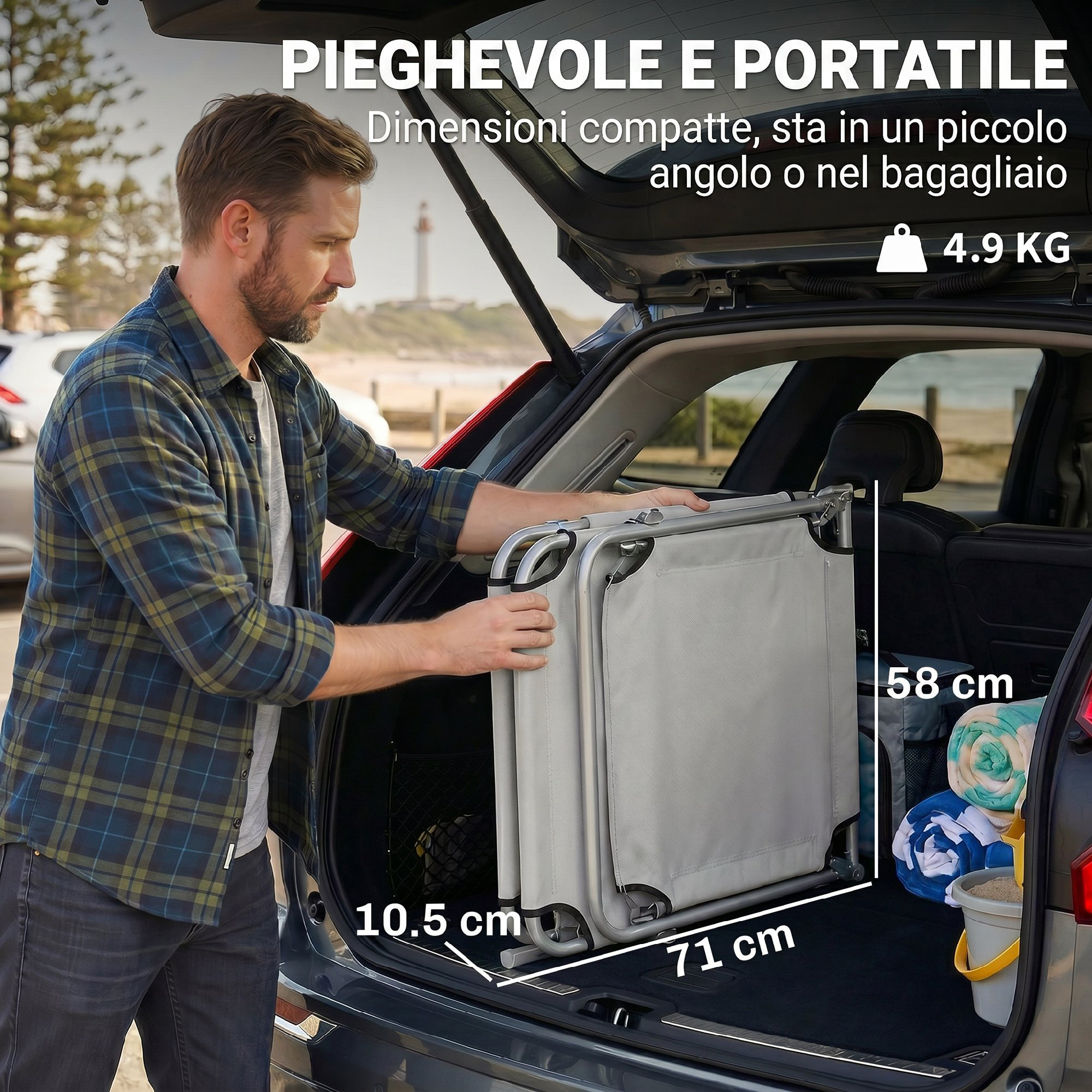 Uomo carica sedia pieghevole in auto. Dimensioni: 71x10,5x58cm. Peso 4,9kg.