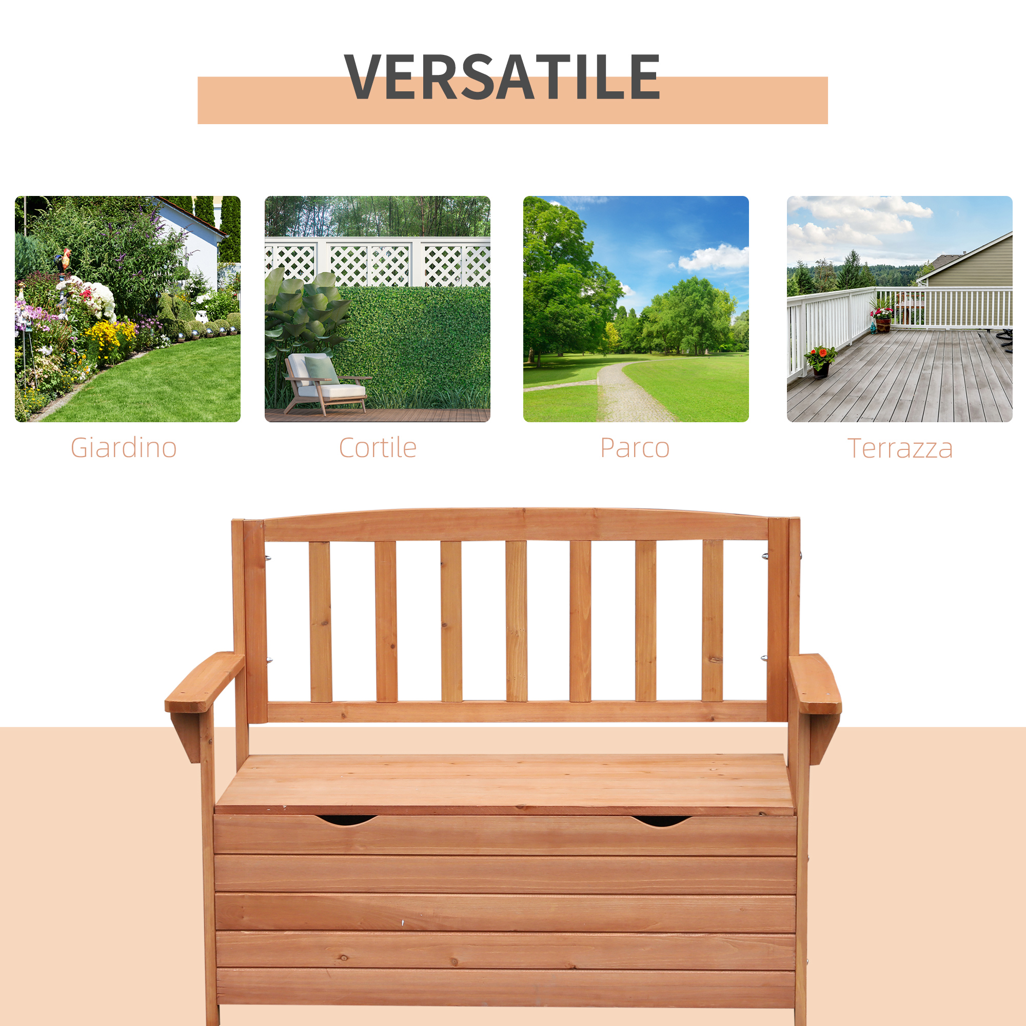 Panca in legno con contenitore di fronte a quattro scene: giardino, cortile, parco, terrazzo.