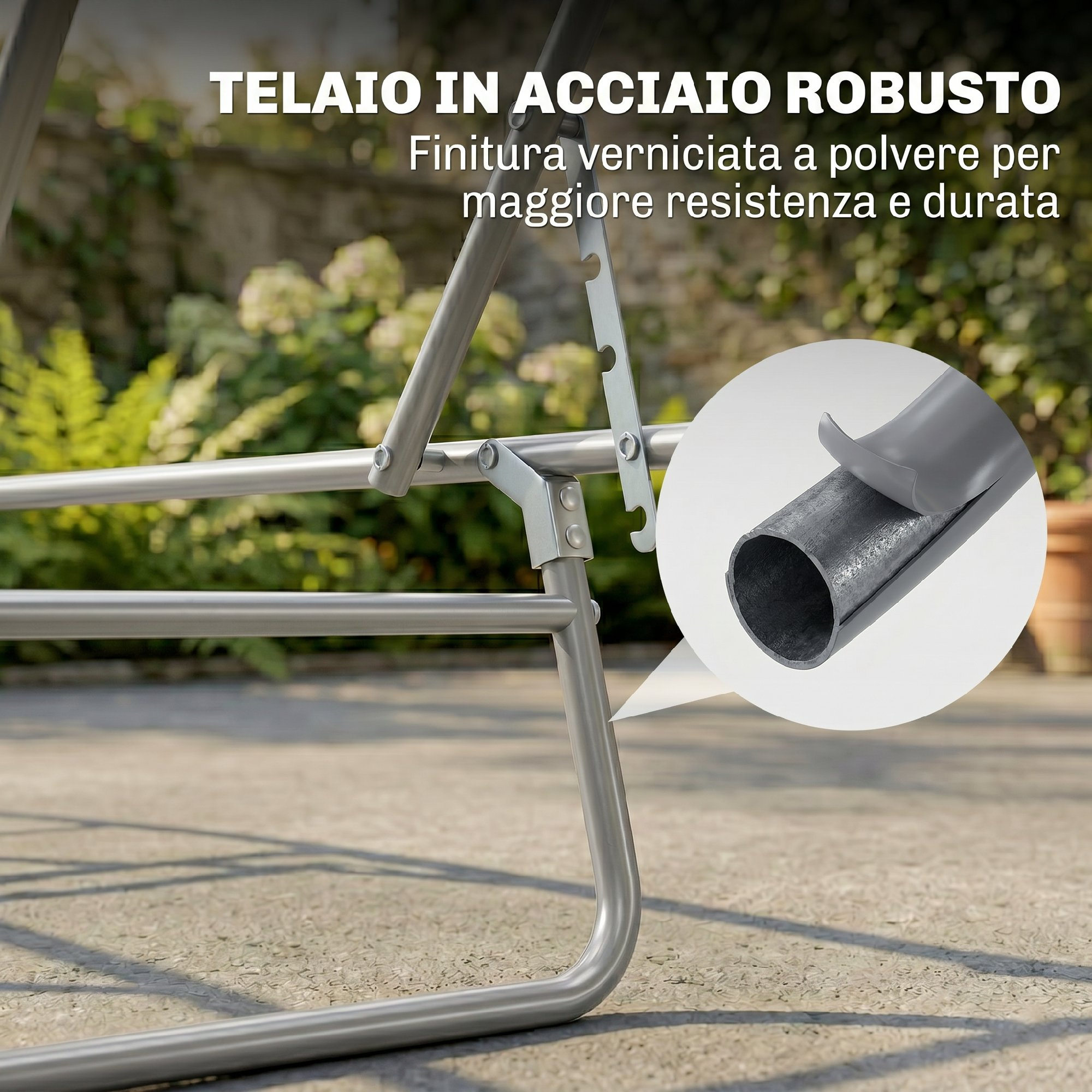 Struttura in metallo grigio con dettaglio ravvicinato di un tubo verniciato a polvere.