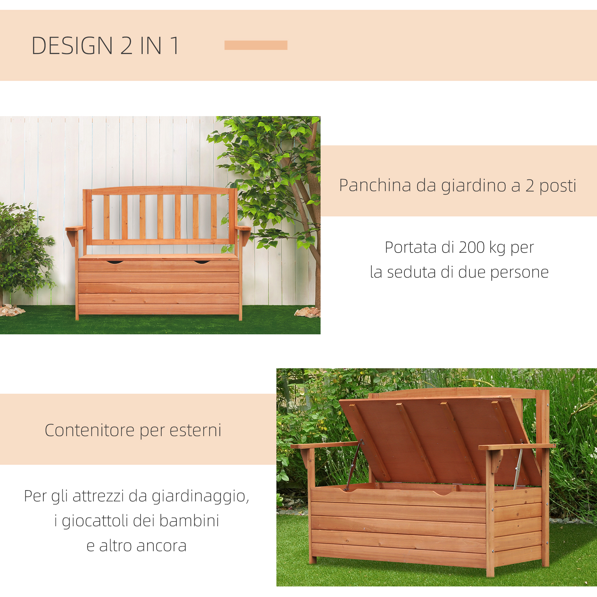 Panchina da giardino in legno con contenitore, aperta.