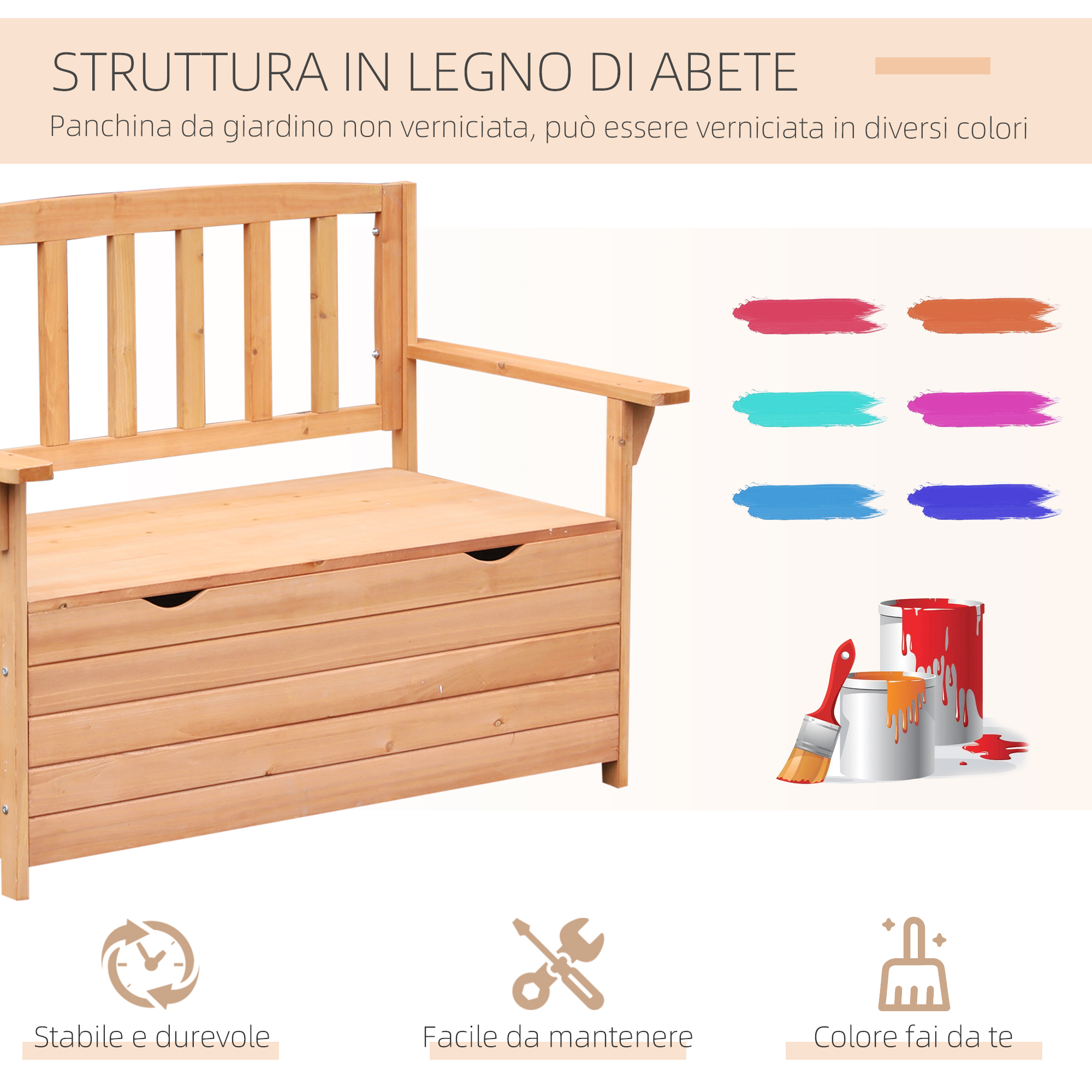 Una panca in legno grezzo con contenitore, campioni di colore e attrezzi.