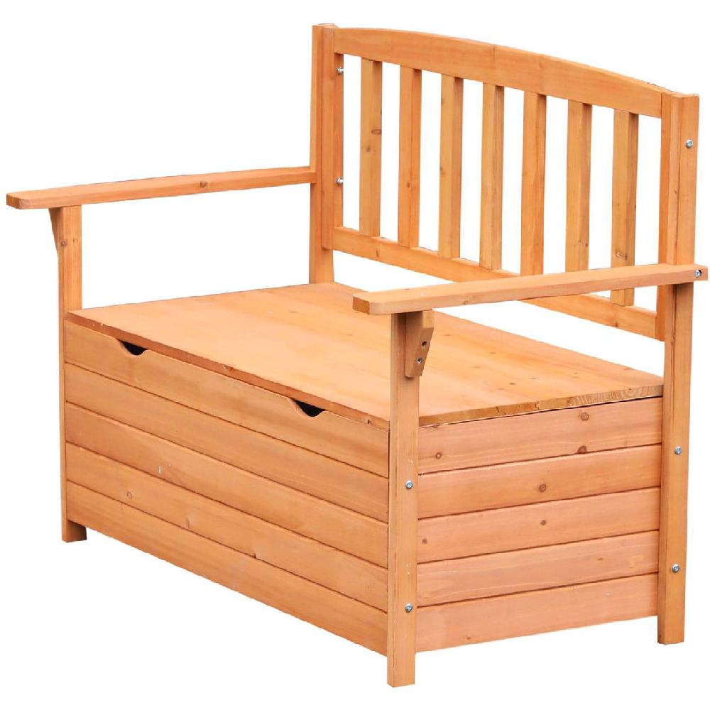 Una panca da giardino in legno con contenitore e braccioli.