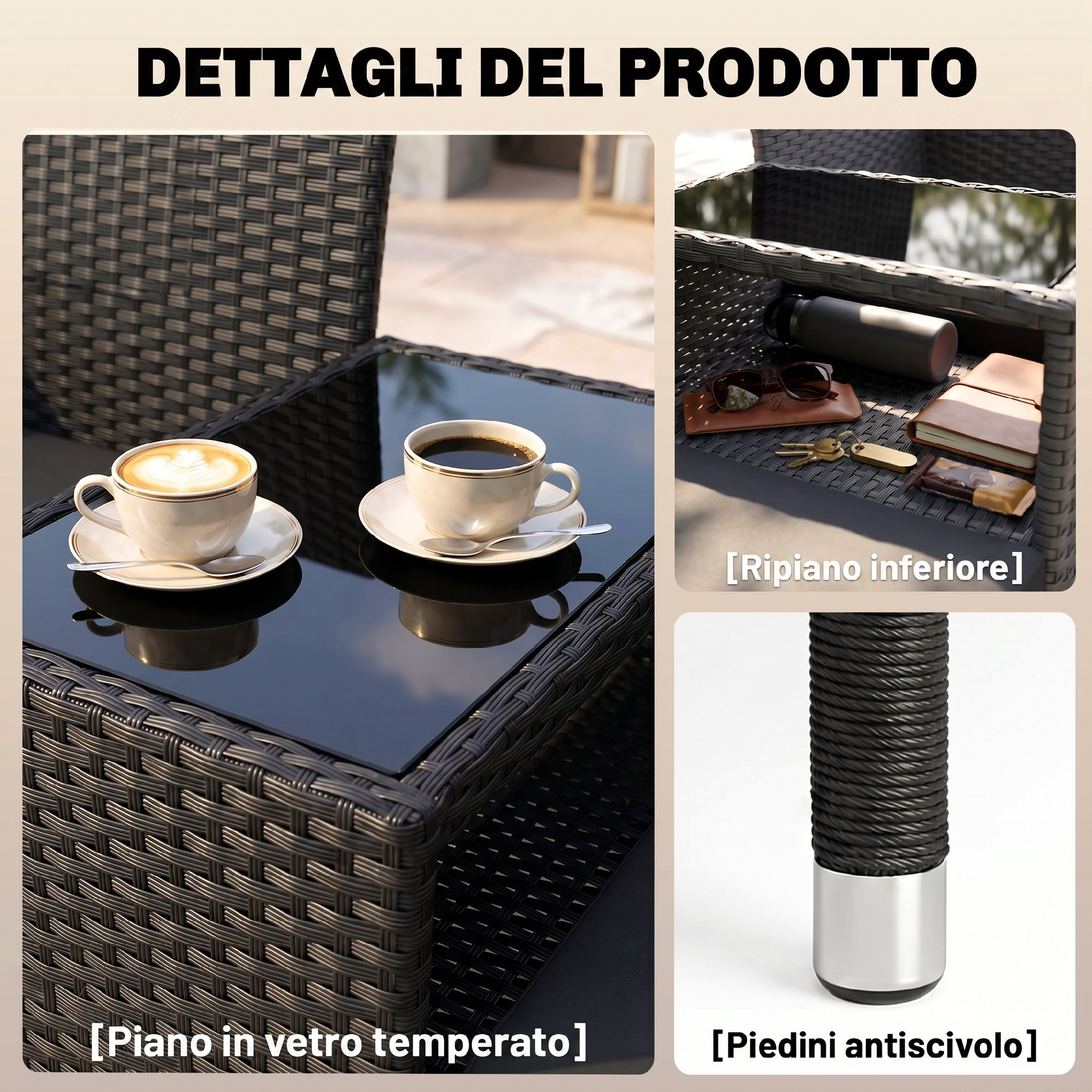 Dettagli prodotto: Tazzine caffè su tavolo con piano in vetro, ripiano inferiore, piedini.
