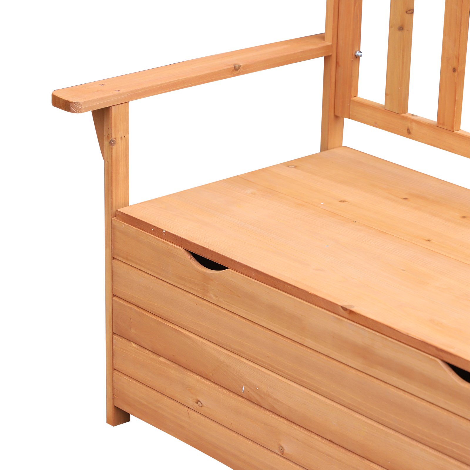 Una panca da giardino in legno con contenitore e bracciolo, su sfondo bianco.