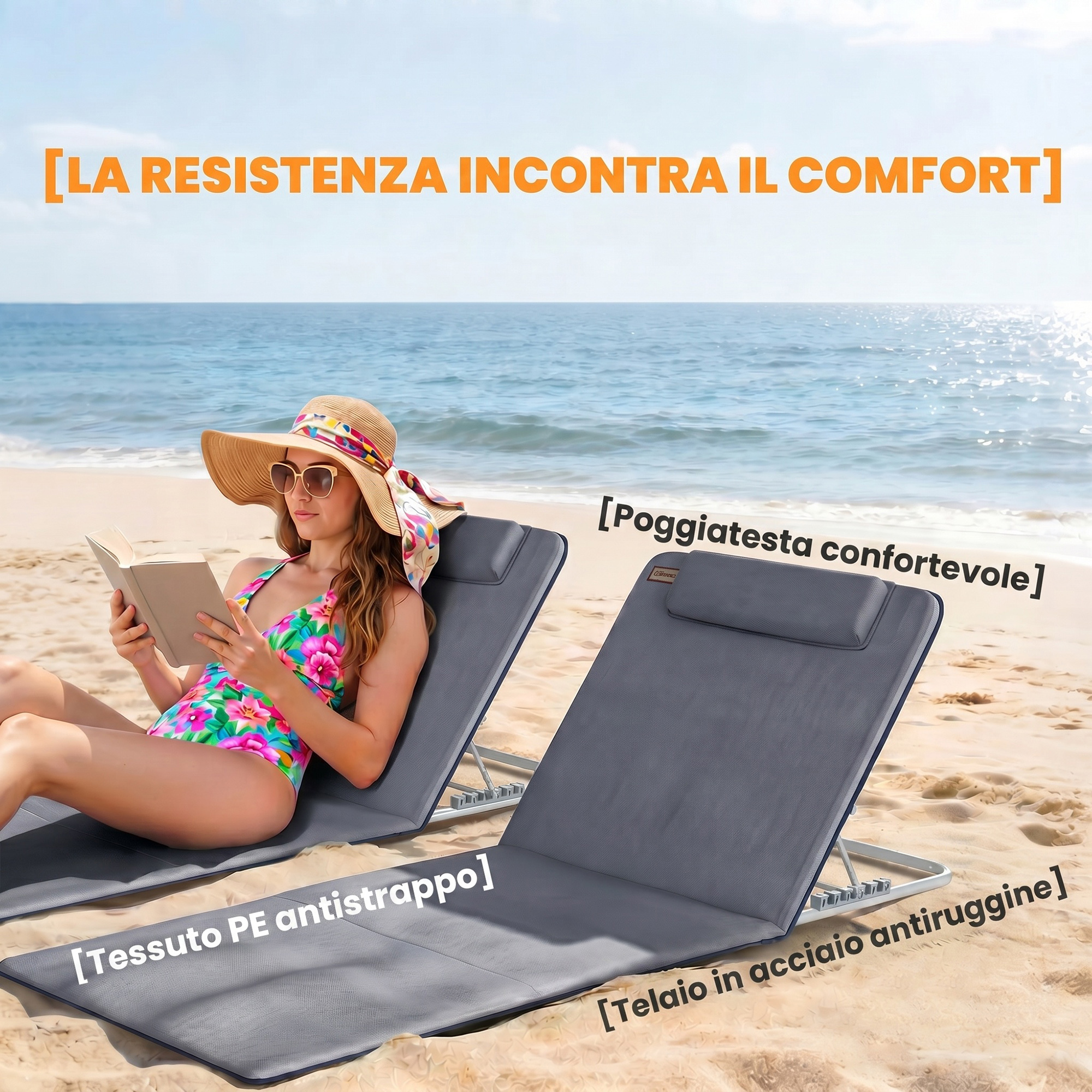 Donna legge su lettino da spiaggia. Si vedono lettini grigi con poggiatesta.