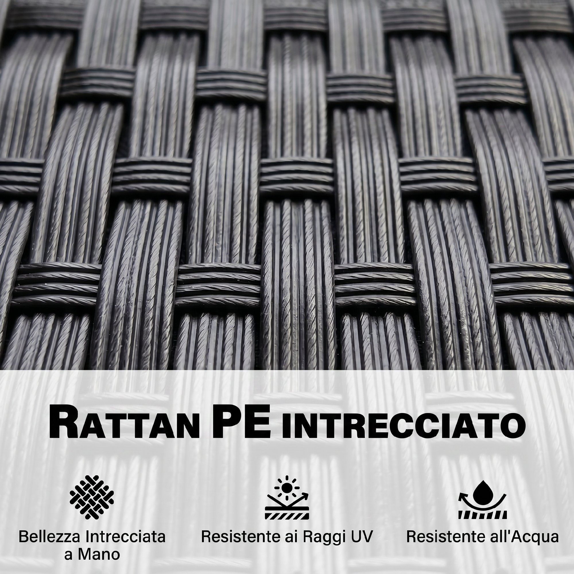 Primo piano di rattan PE intrecciato scuro con testo e 3 icone in basso.