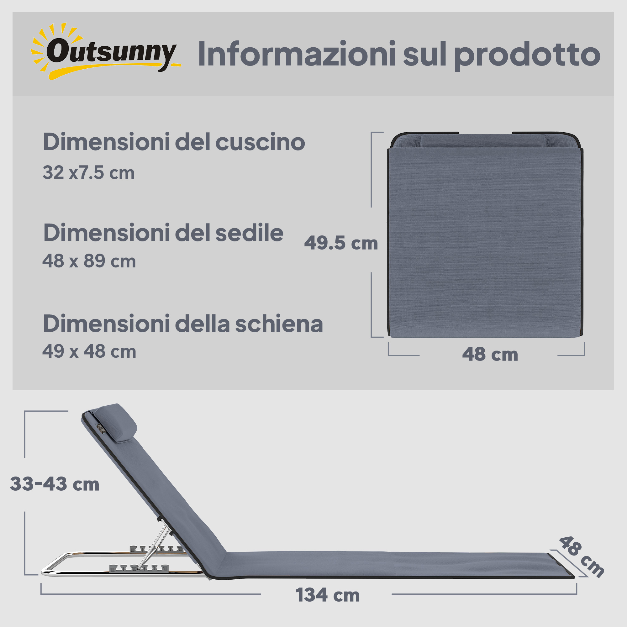 Sdraio grigio con dimensioni: Cuscino 32x7,5 cm, Sedile 48x89 cm, Schienale 49x48 cm.
