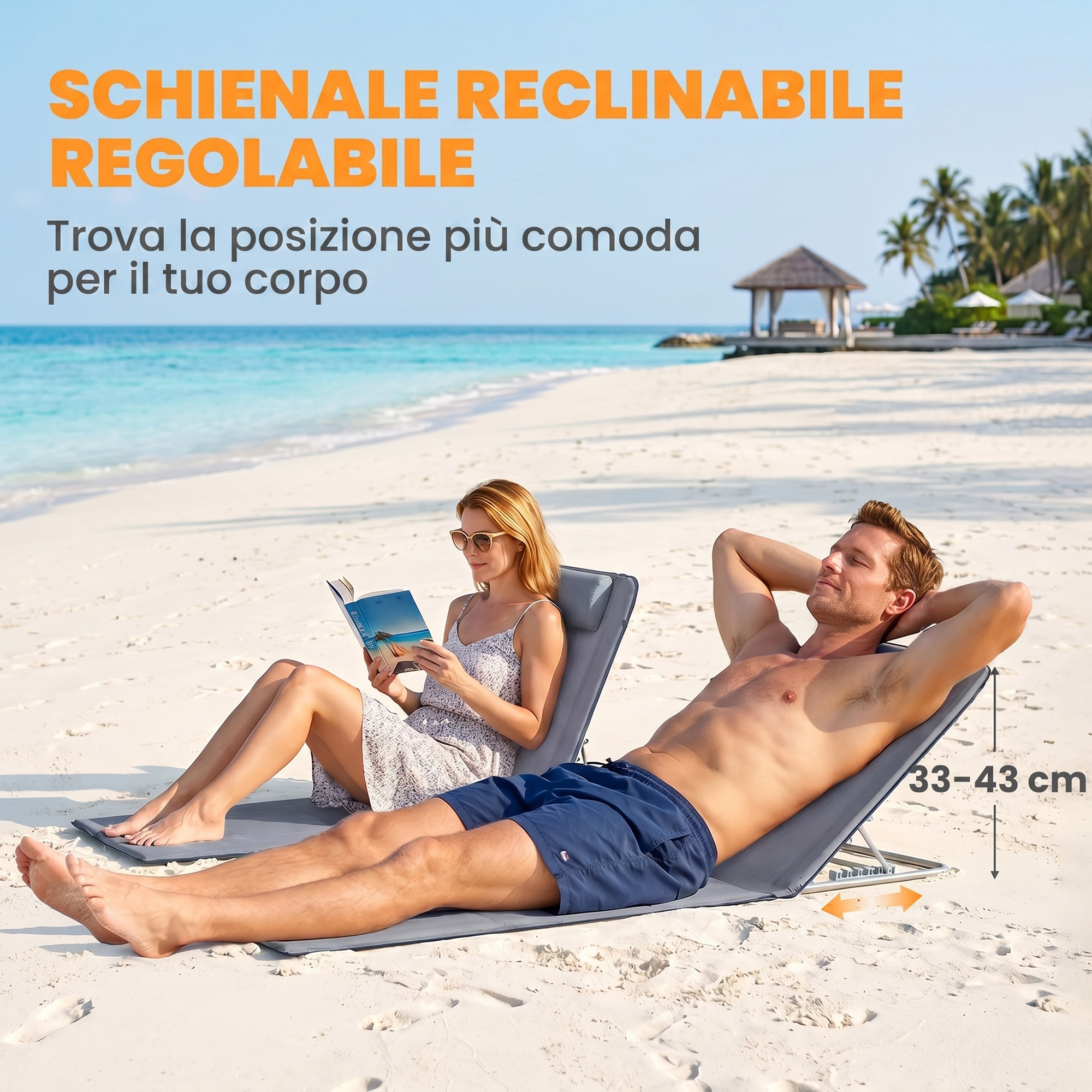Uomo e donna rilassati su sdraio. Lui dorme, lei legge. Spiaggia tropicale.