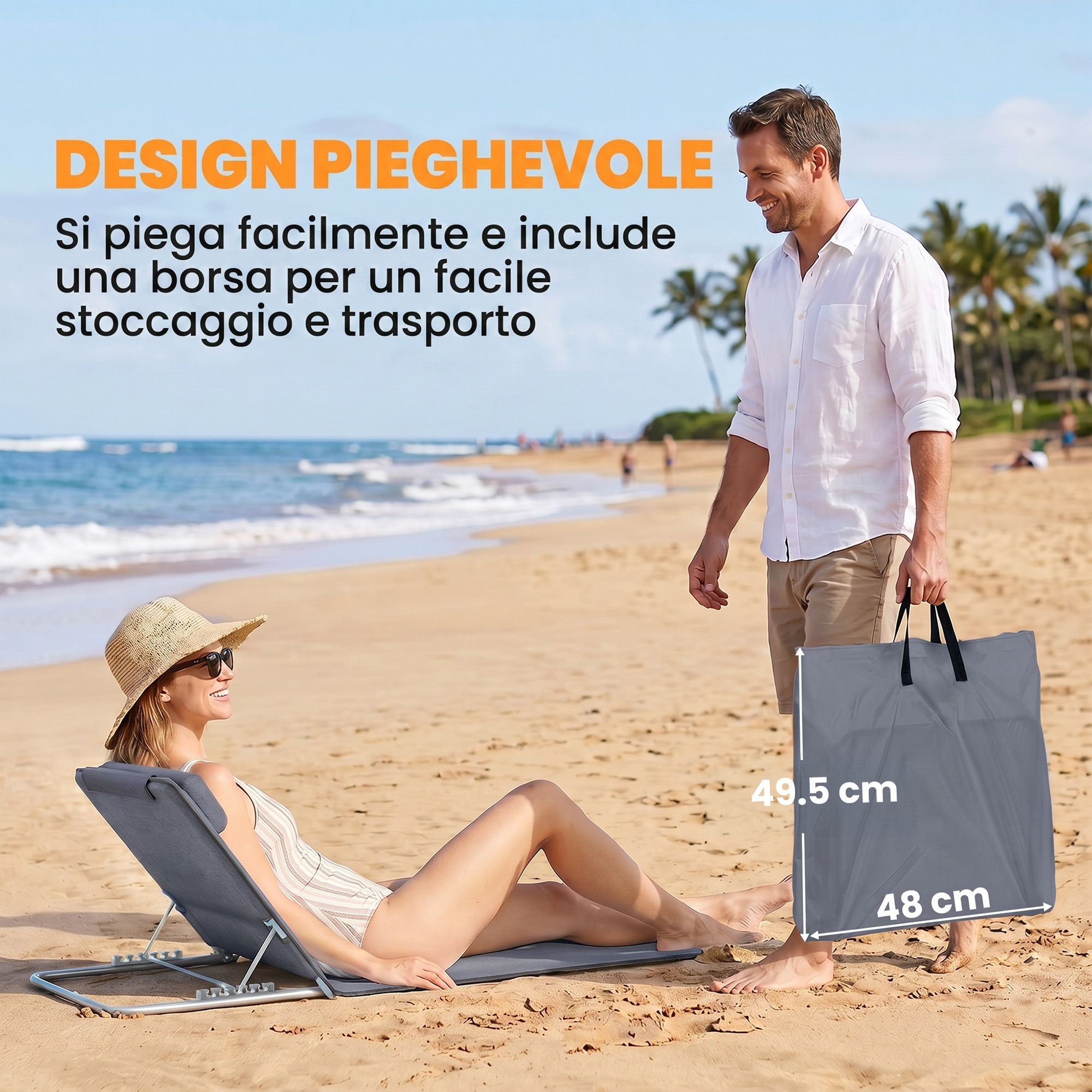 Uomo con borsa e donna su sedia a sdraio. Dimensioni borsa: 49,5 x 48 cm.