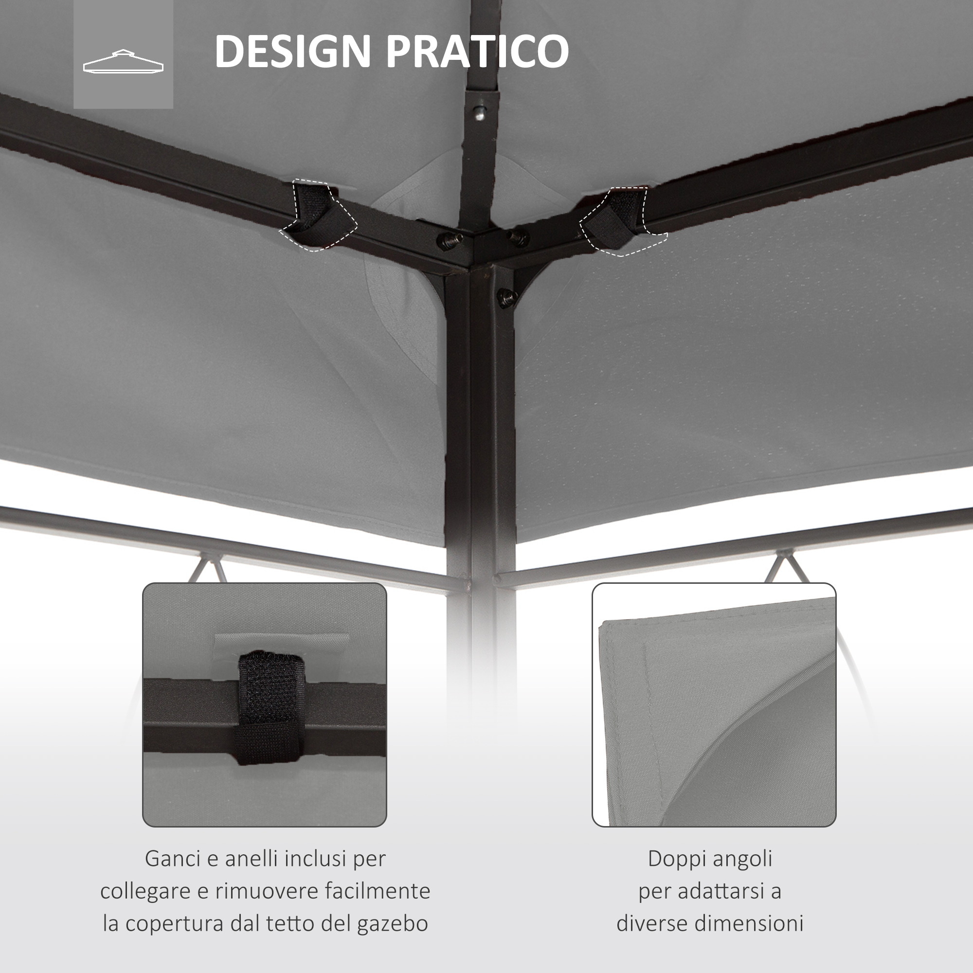 Tetto gazebo grigio con telaio metallico e anelli di fissaggio.