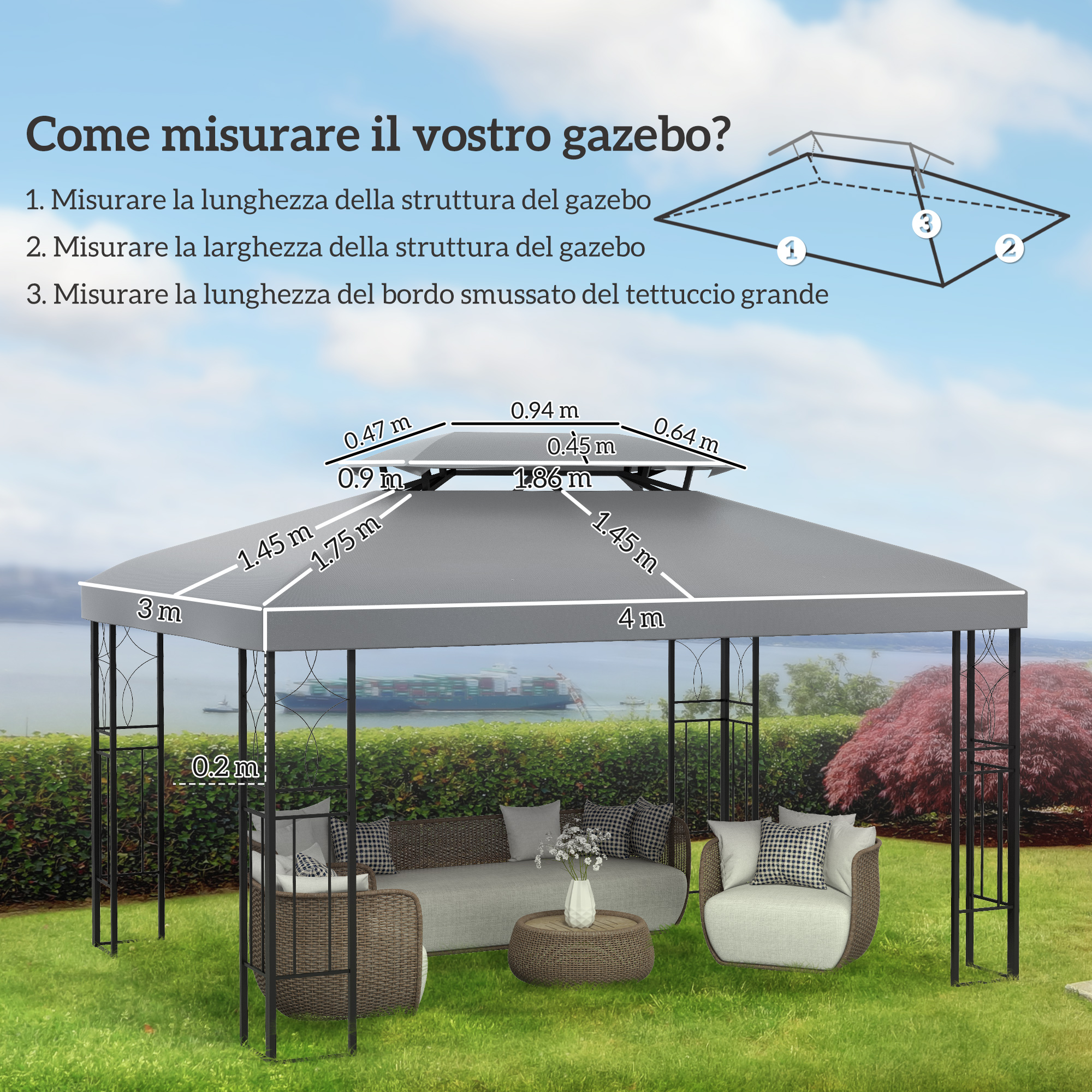 Gazebo grigio con misure, mobili da esterno su prato.
