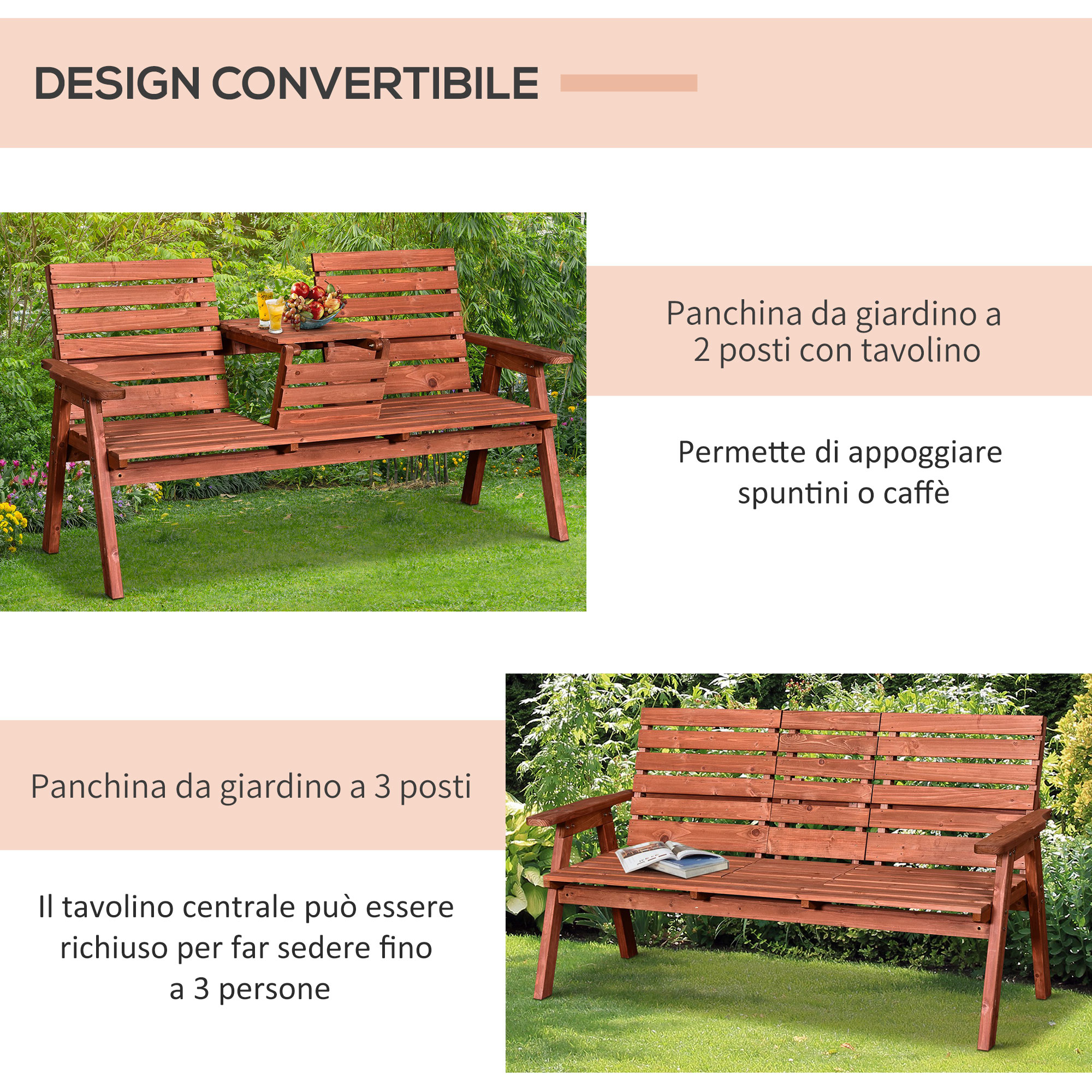 Panchina da giardino in legno per 2, con tavolo, bevande e frutta.