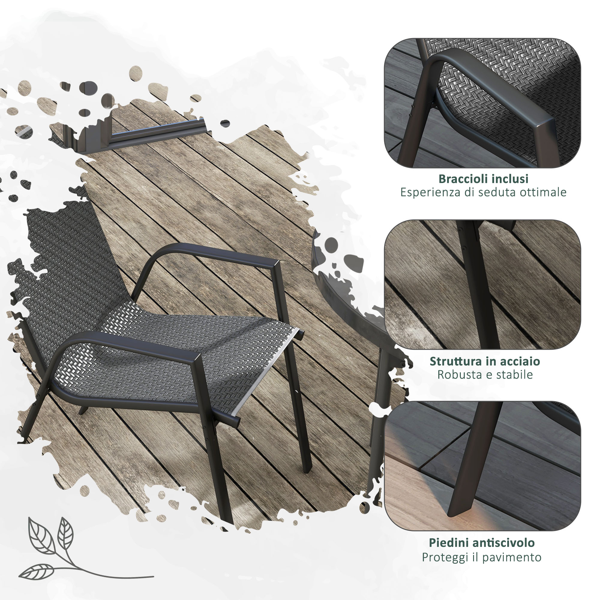 Una sedia grigia con struttura in metallo e seduta intrecciata su un deck di legno.