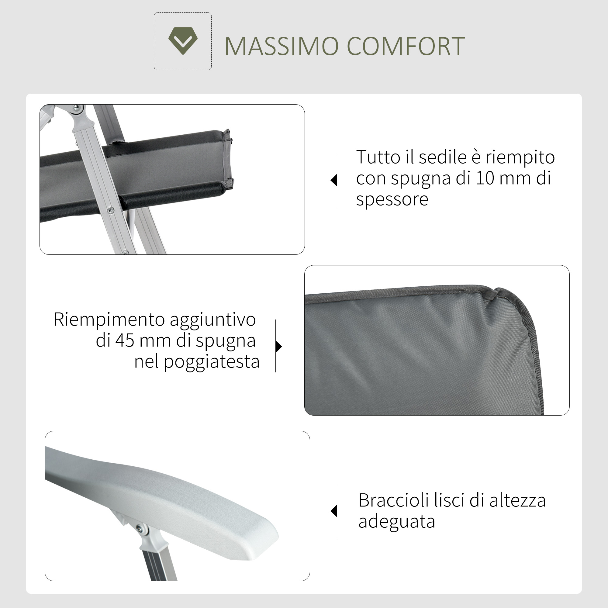 Dettagli di una sedia grigia: cuscino, poggiatesta e bracciolo.