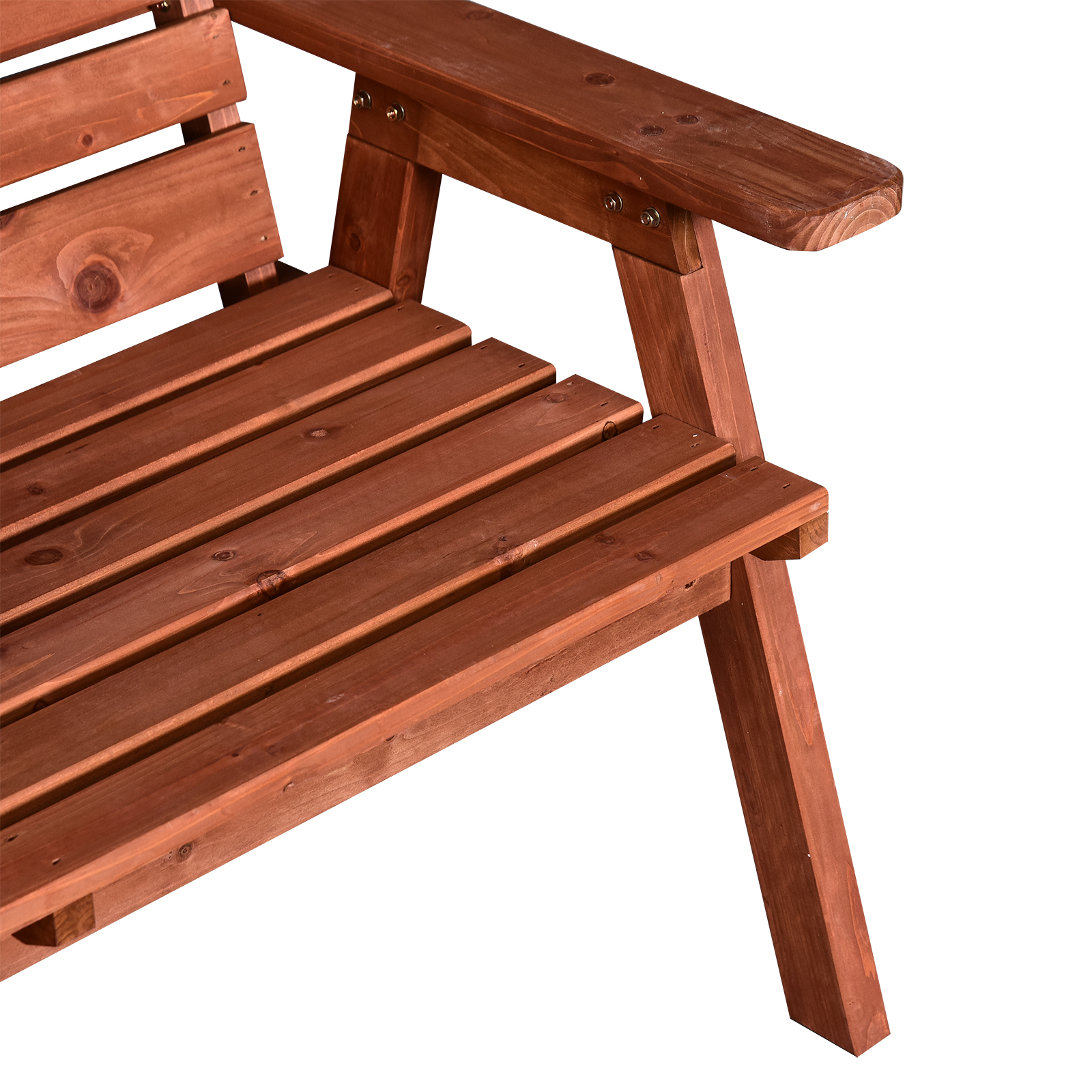 Panca in legno con bracciolo e design a doghe, tinto marrone.