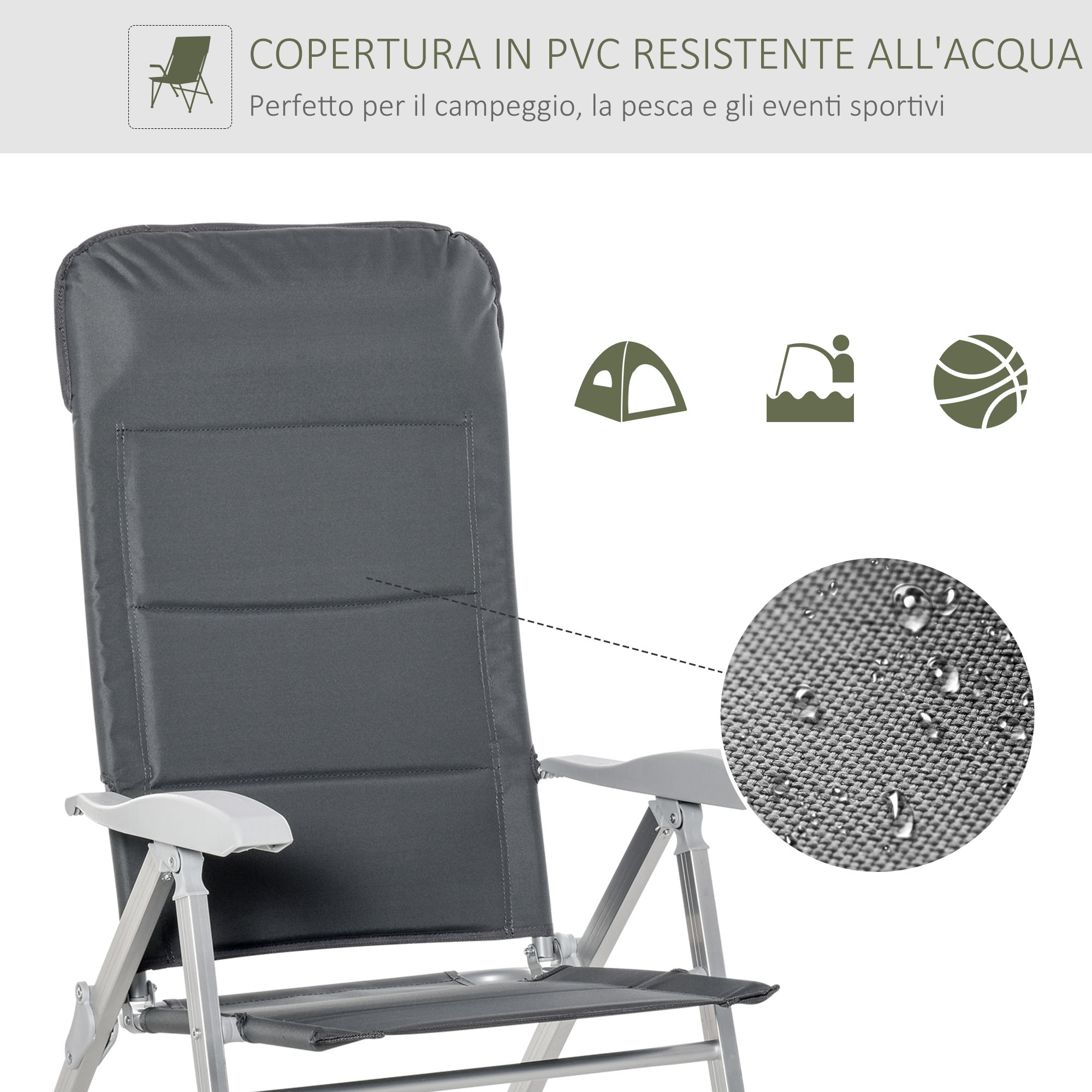 Sedia pieghevole grigia con seduta e braccioli imbottiti. Rivestimento in PVC.