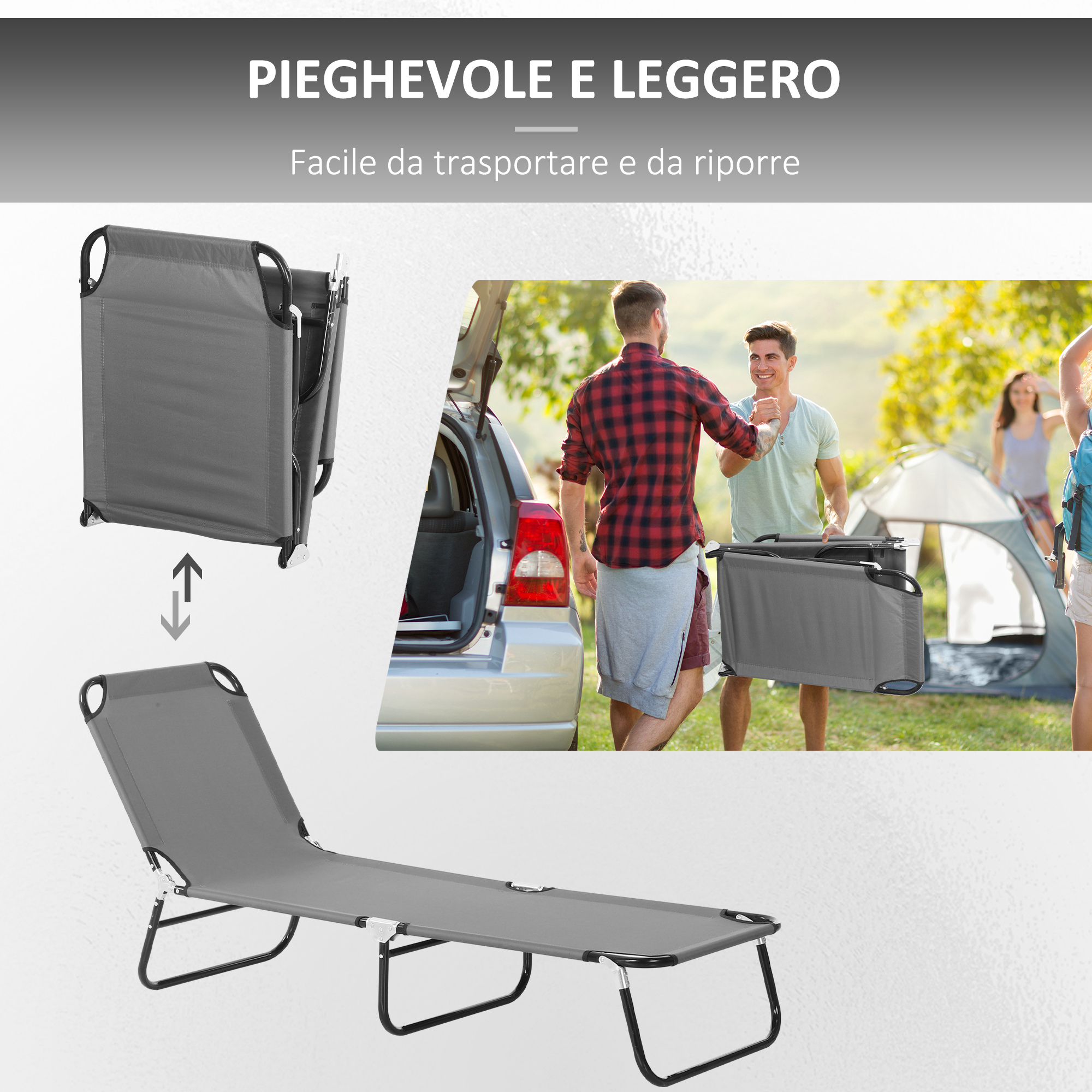 Lettino pieghevole grigio, all'aperto con amici, tenda sullo sfondo.