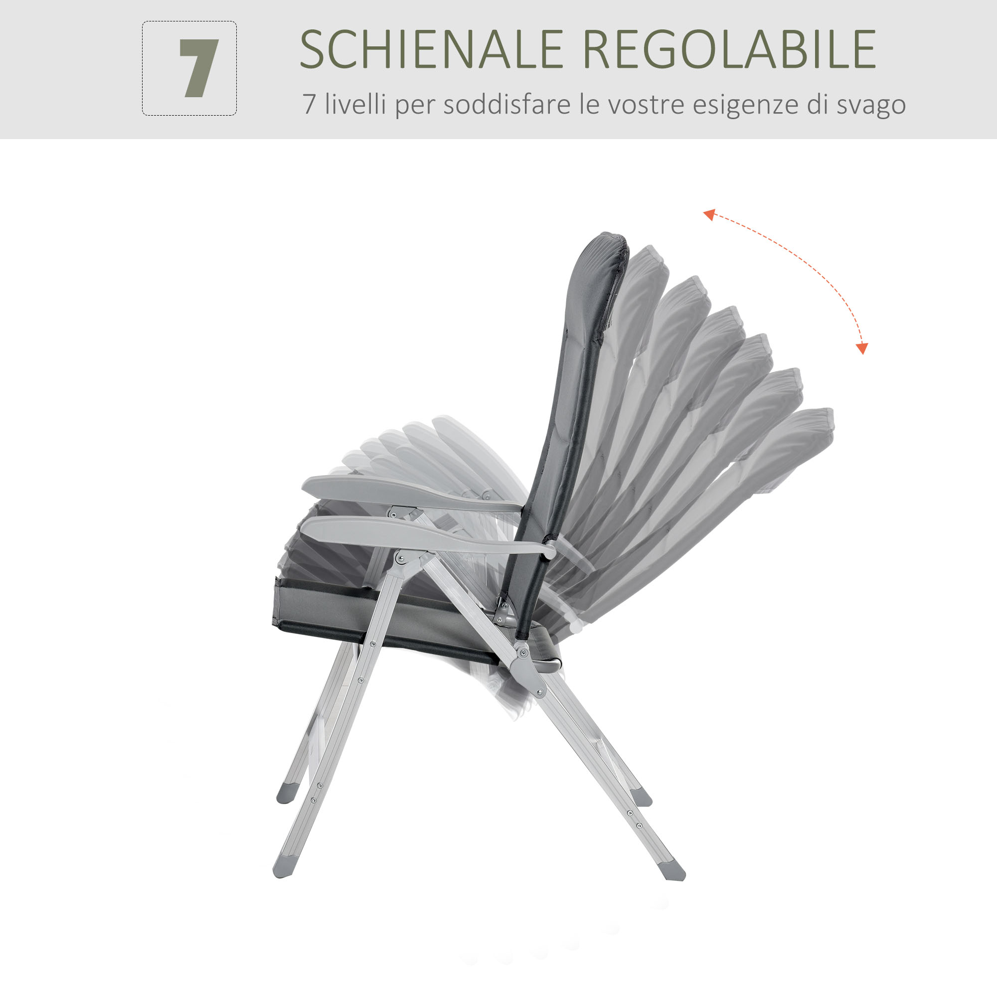 Sedia regolabile grigia con gambe in metallo argentato, su sfondo bianco.