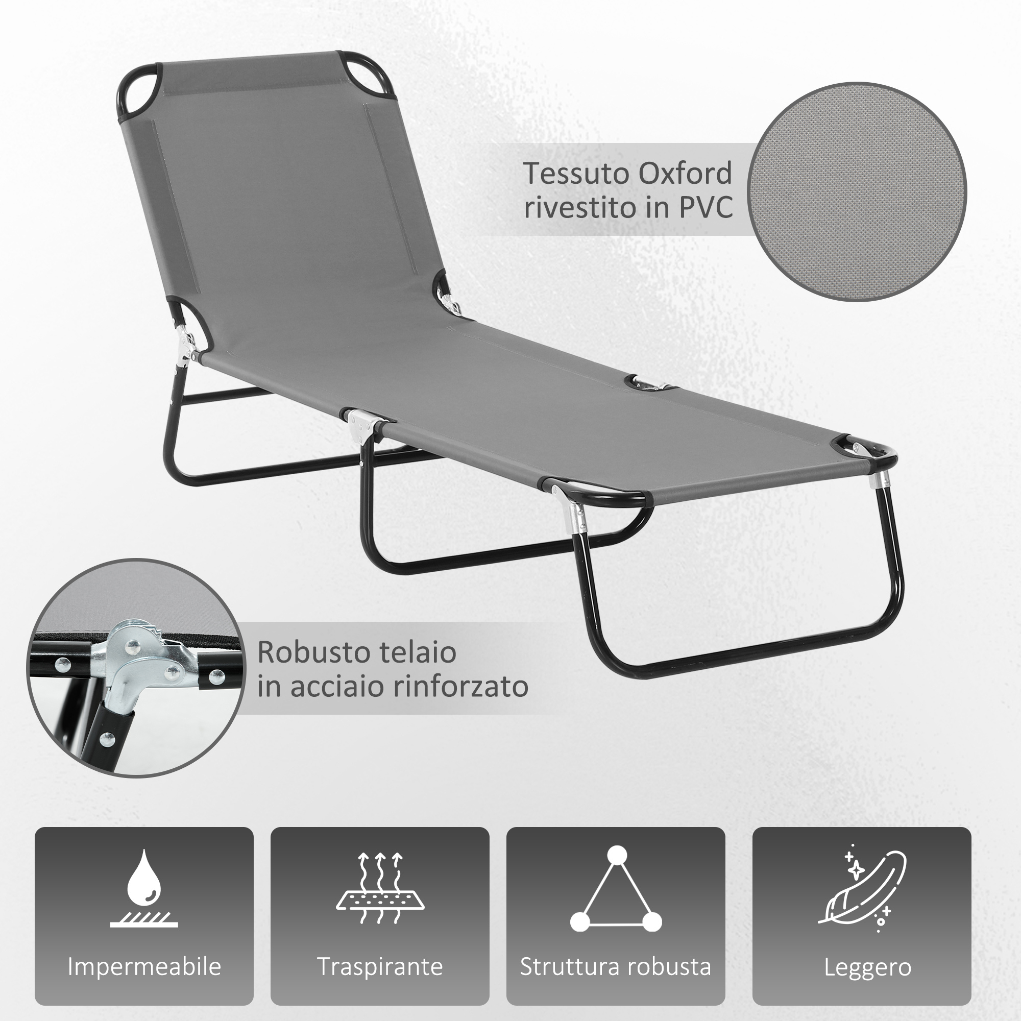 Sdraio grigio con telaio in acciaio e tessuto Oxford rivestito in PVC.