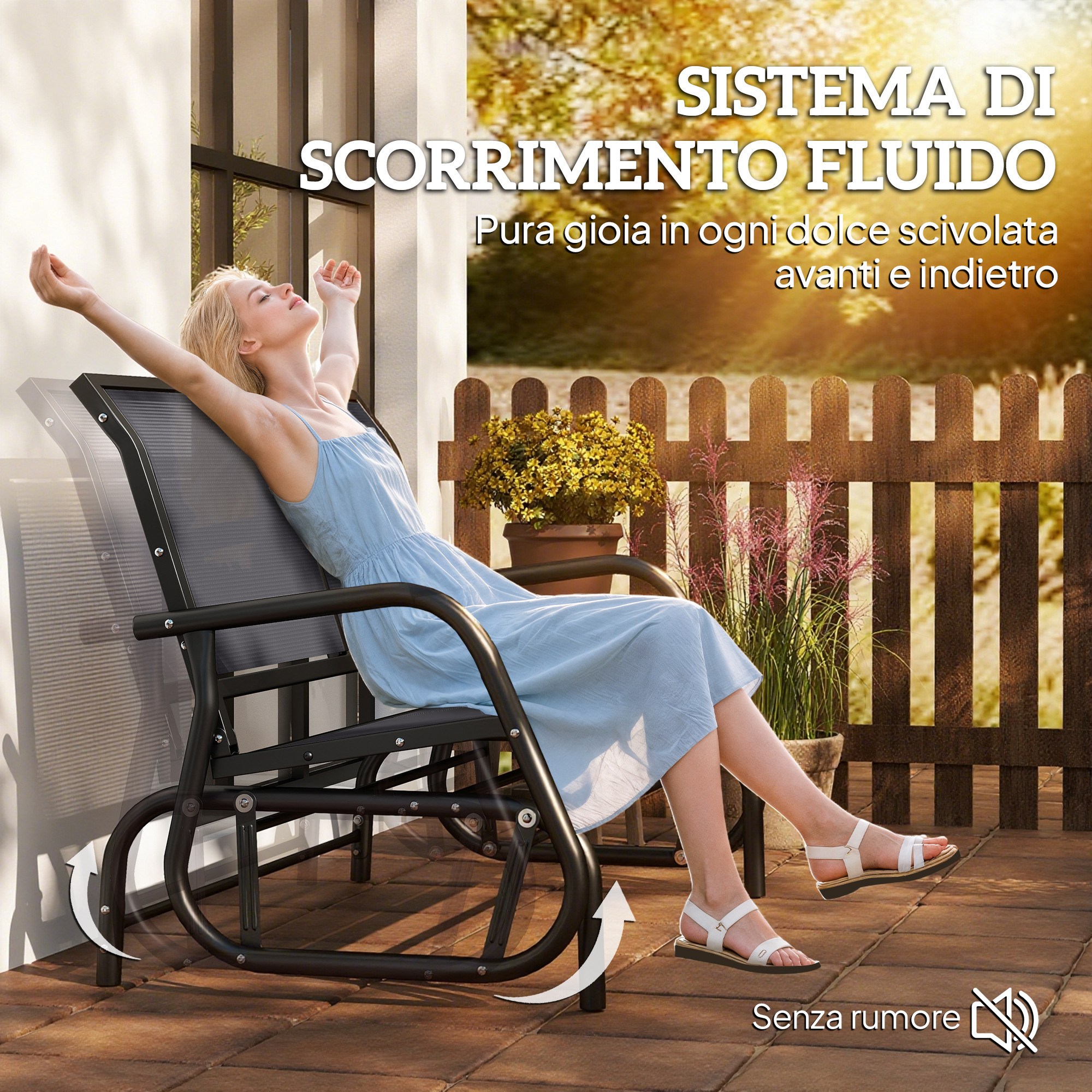 Donna in abito blu rilassata su sedia a dondolo esterna, con fiori e recinzione.