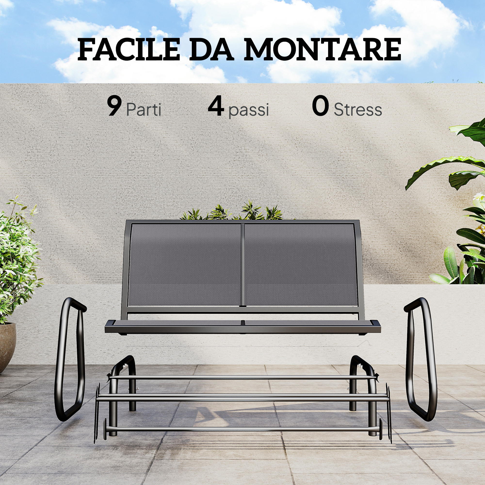 Parti di un divano da esterno scuro su un patio, pronte per il montaggio.