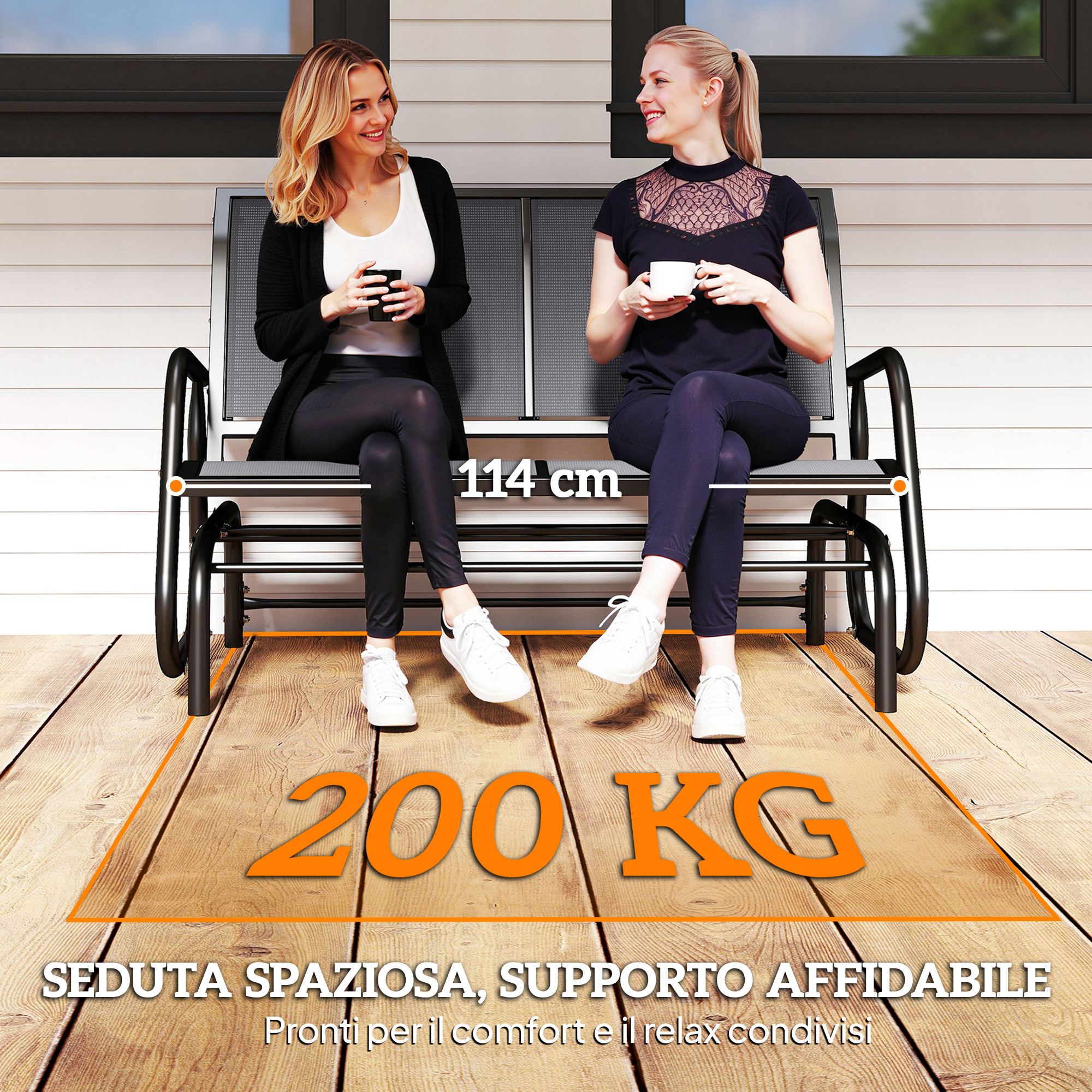 Due donne sedute su una panchina bevono caffè. Larga 114cm, portata 200kg.