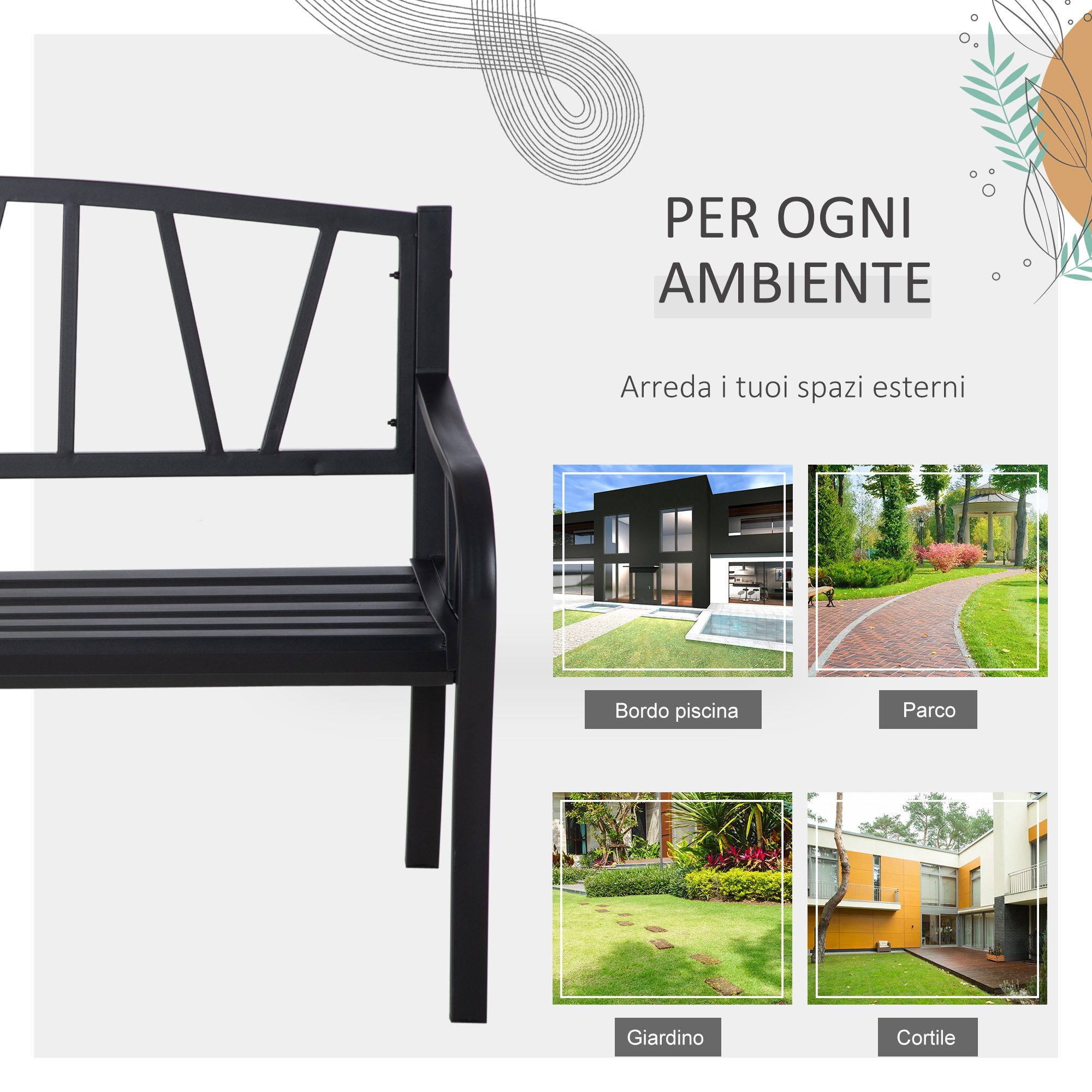 Panca in metallo nero davanti a grafiche di scene esterne: casa moderna in piscina, sentiero parco, giardino, cortile.