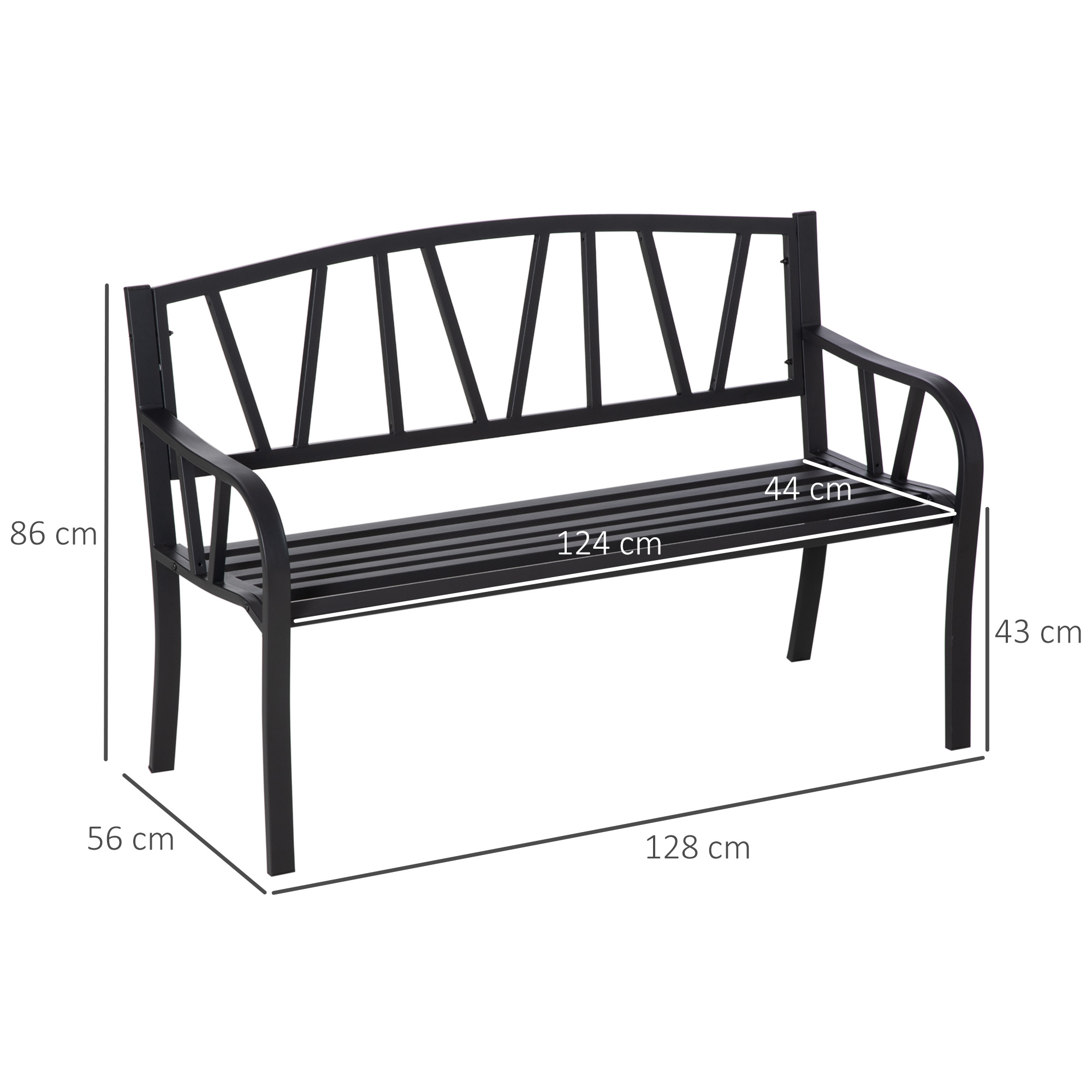 Panca in metallo nero con dimensioni indicate. Altezza 86 cm, profondità 56 cm.