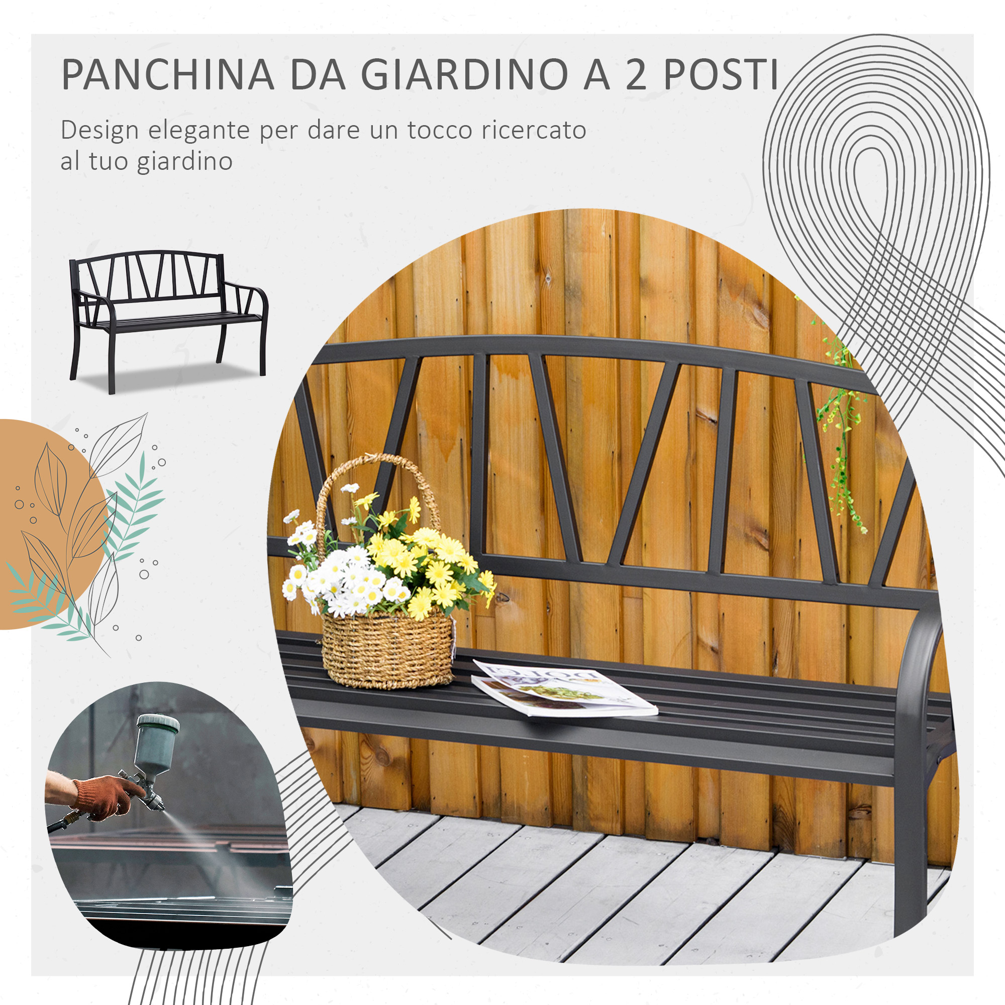 Panchina da giardino nera con cesto di fiori e rivista su parete legno.