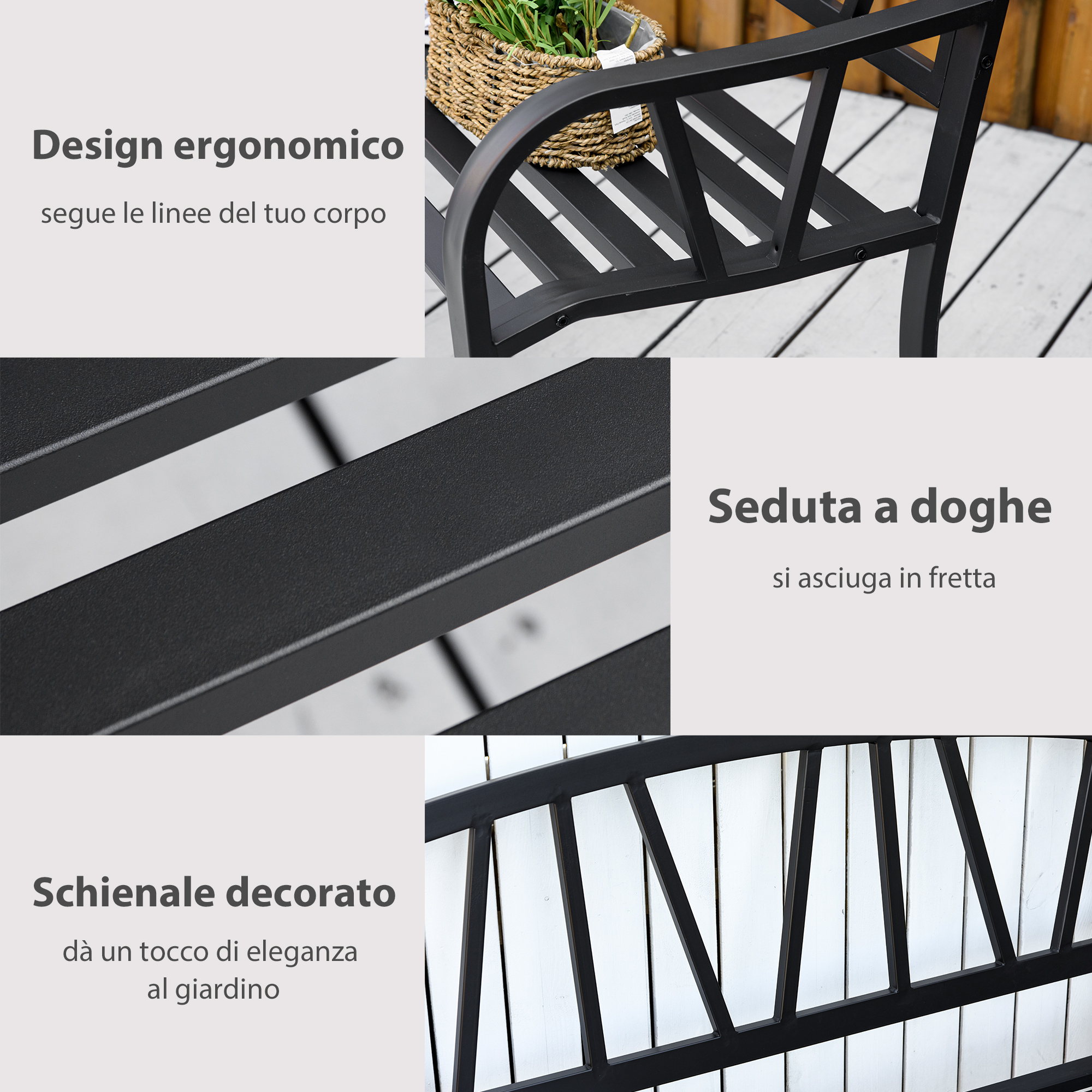 Panca da giardino nera con seduta a doghe, design ergonomico, schienale decorato.
