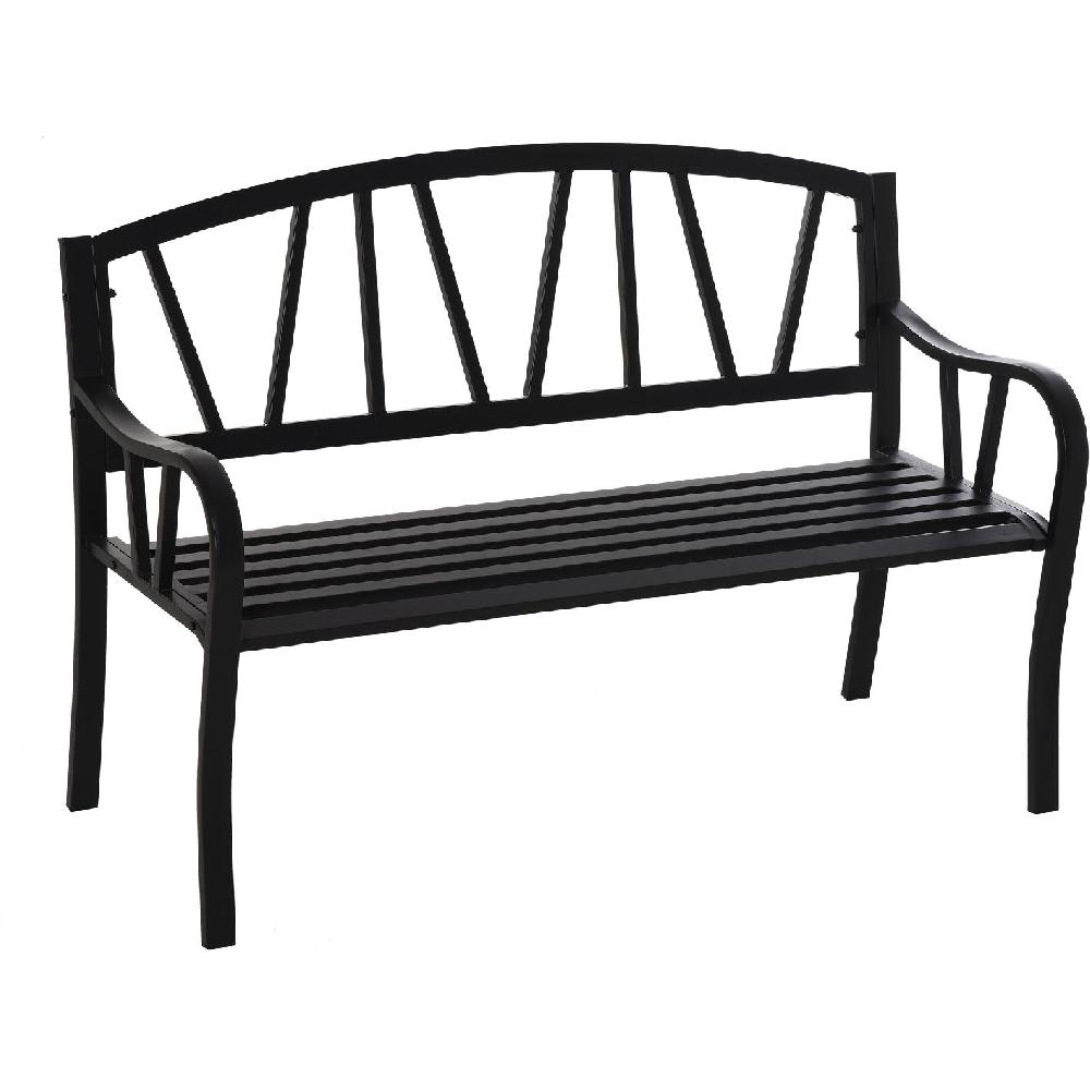 Panca da giardino in metallo nero con seduta e schienale a doghe.