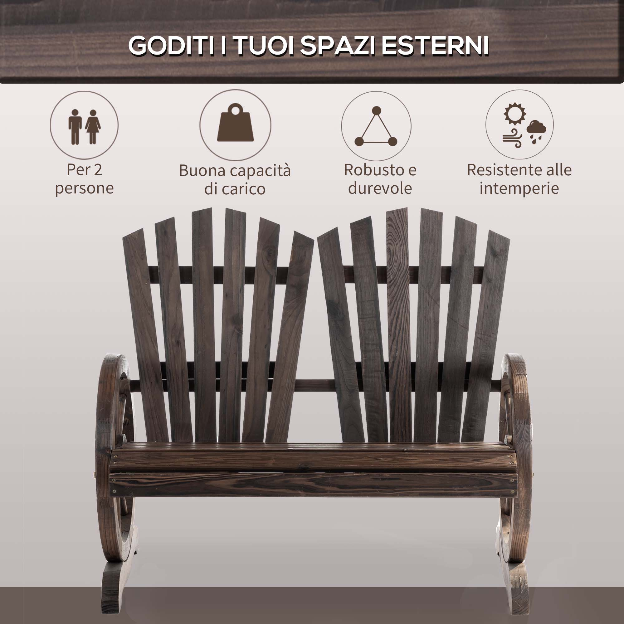 Panchina in legno da esterno per 2 persone, robusta e resistente.