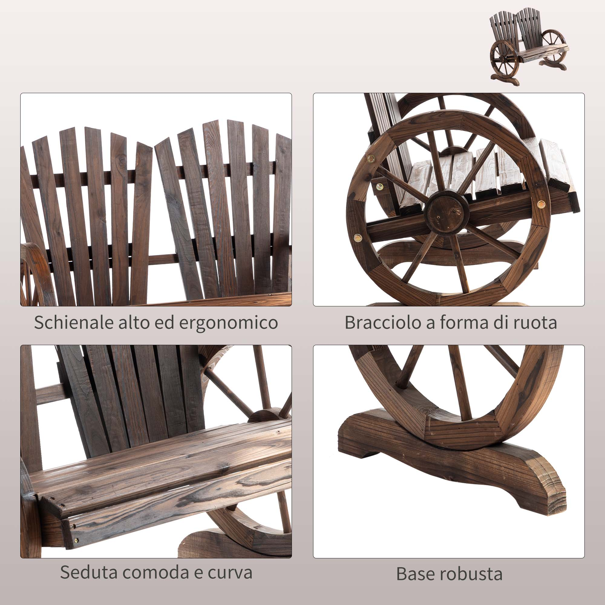 Panca in legno marrone a forma di ruota di carro con schienale alto.