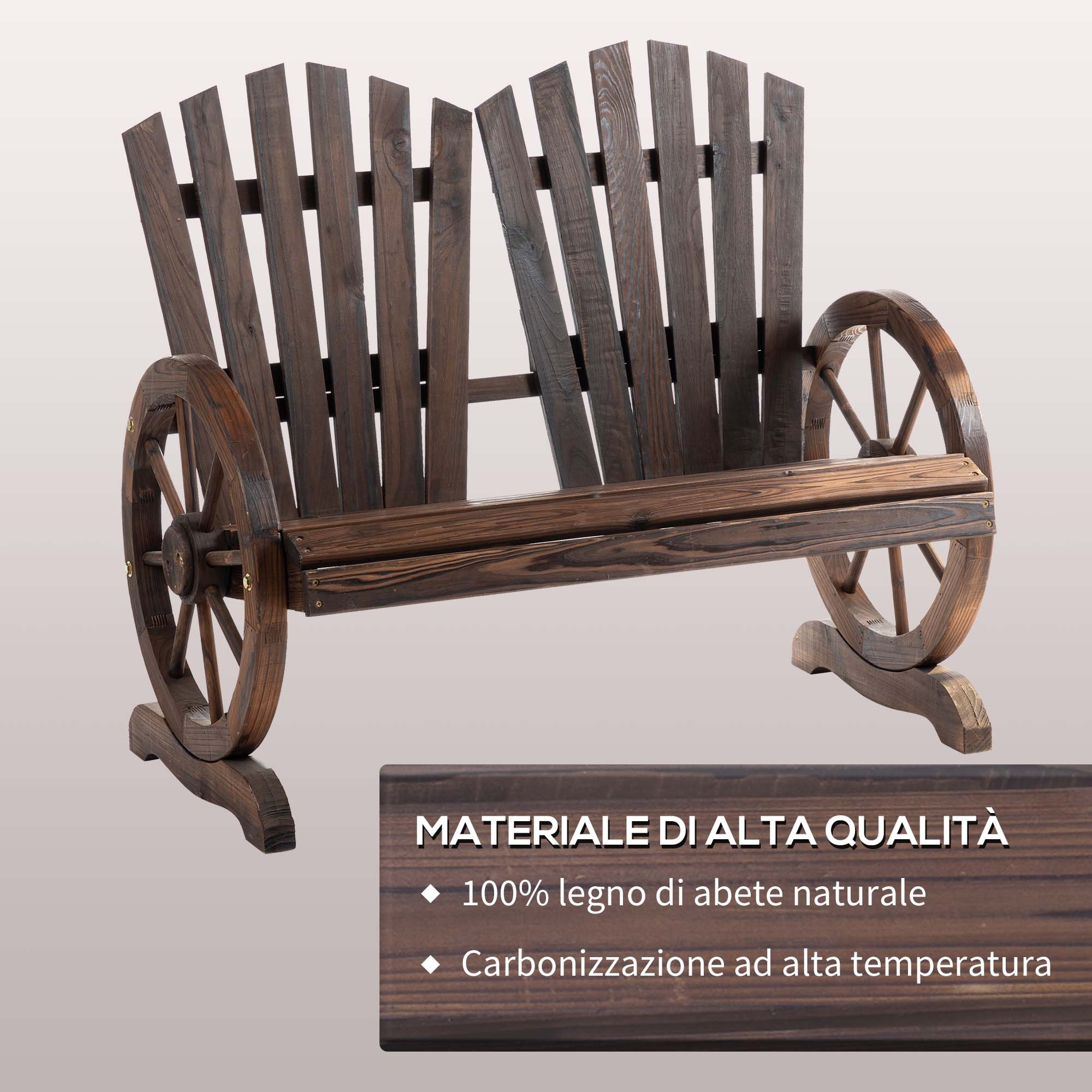 Una panca a dondolo in legno marrone scuro con braccioli stile ruota di carro.