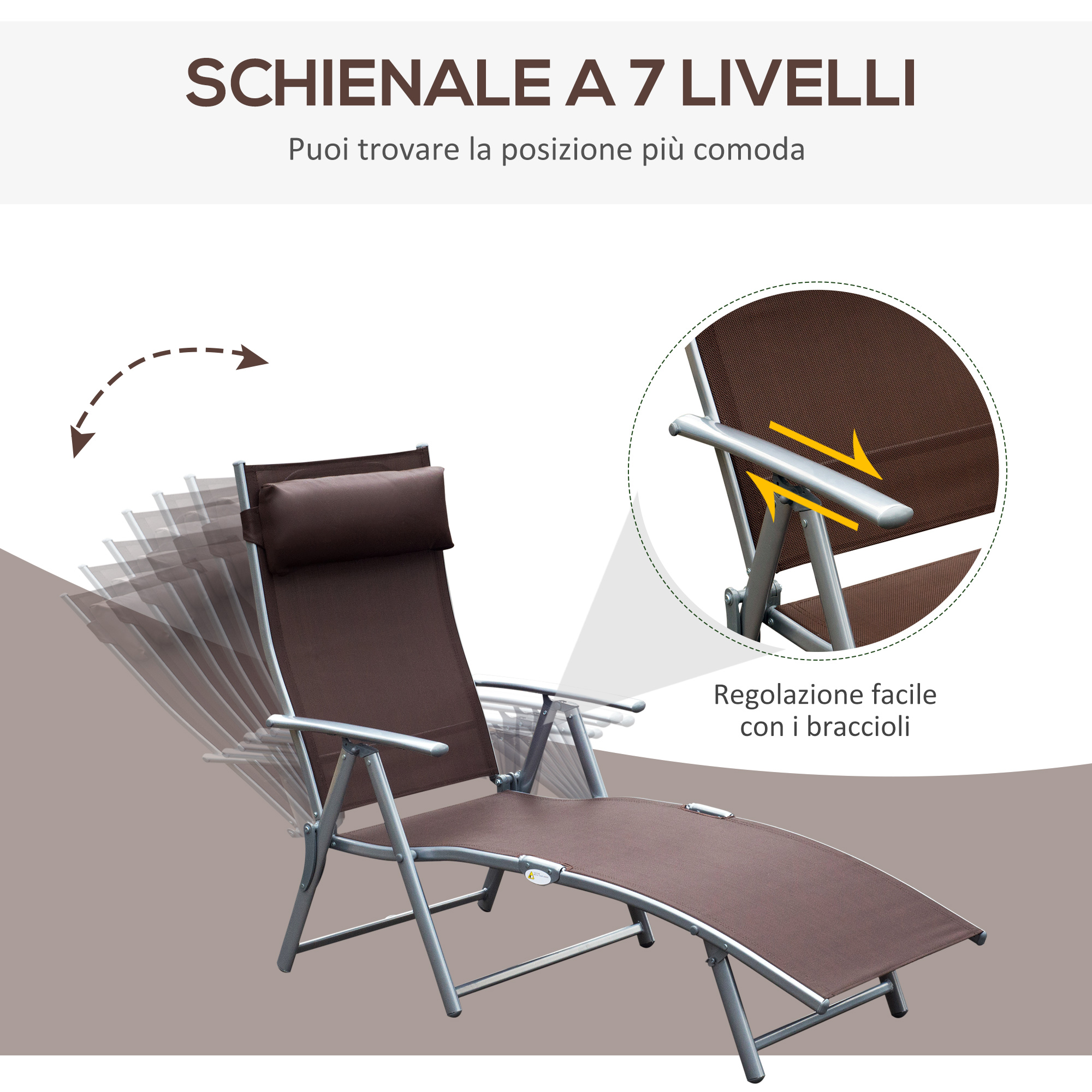 Sdraio marrone con schienale e braccioli regolabili.
