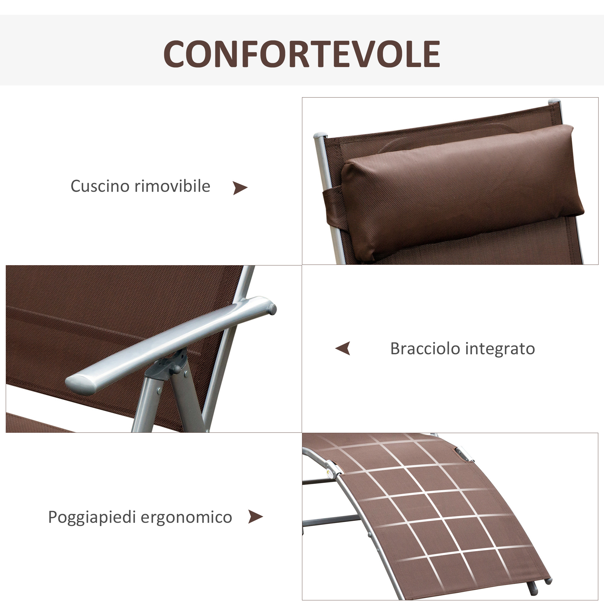 Una sdraio marrone con cuscino rimovibile e braccioli.