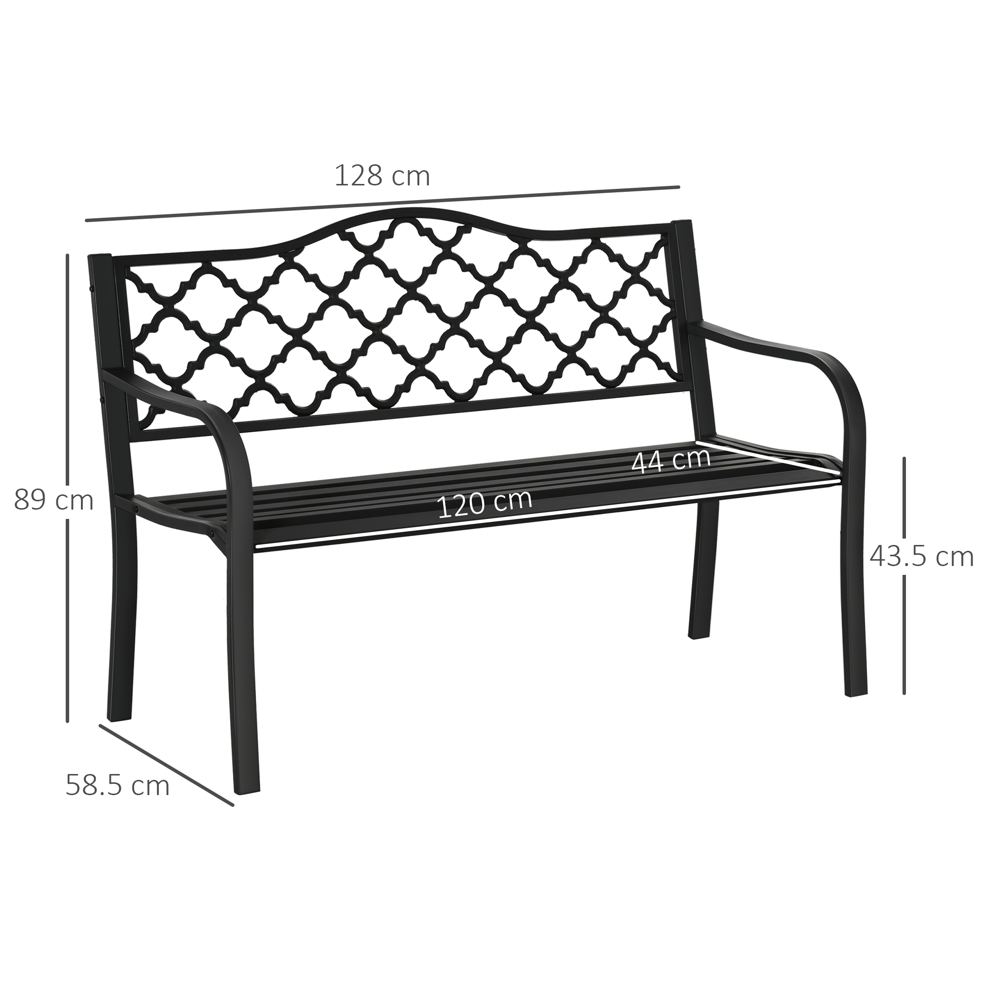 Panca in metallo nera con braccioli curvi e schienale decorato. Dimensioni: 128x89x58.5 cm.