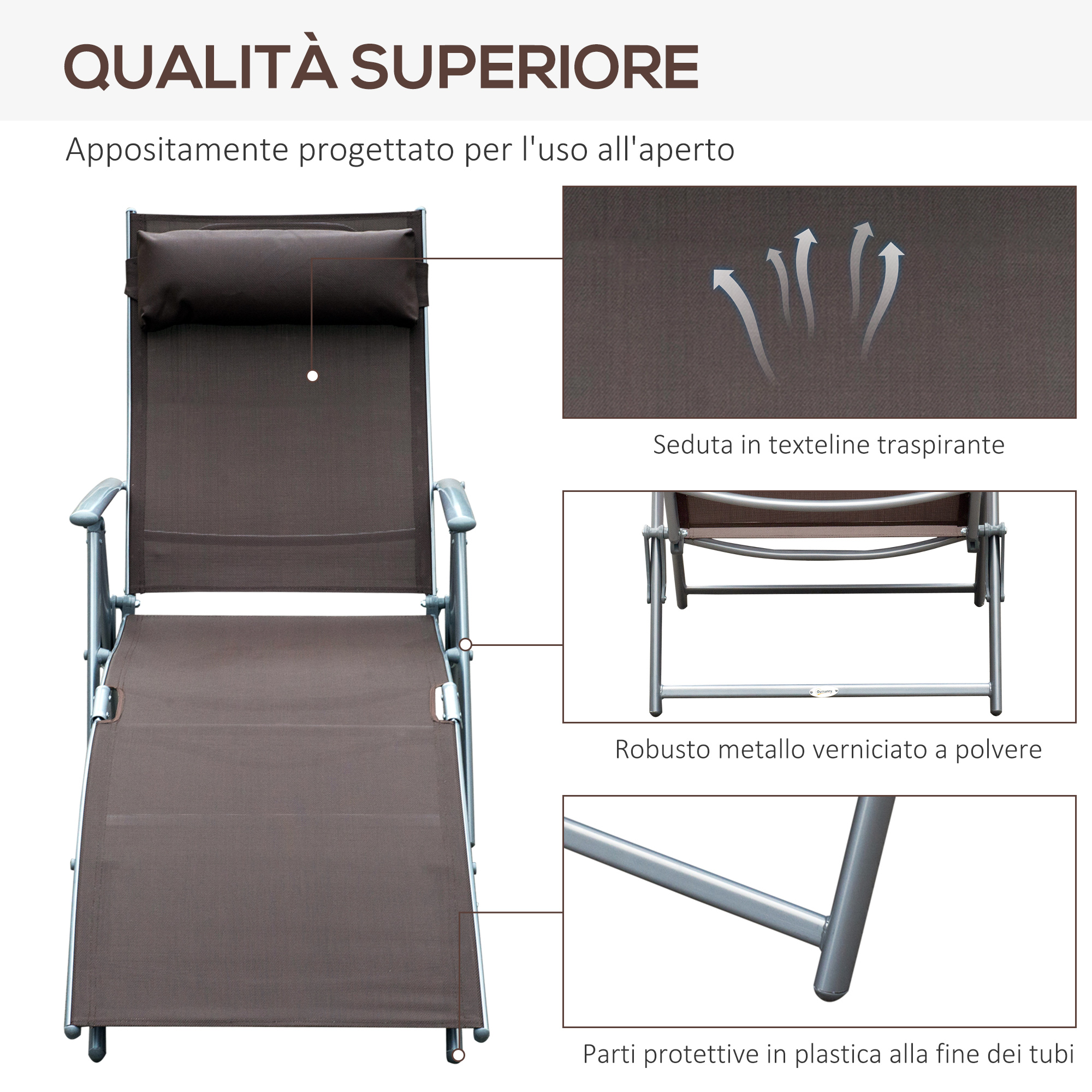 Sdraietta marrone in texteline con telaio in metallo, per uso esterno.