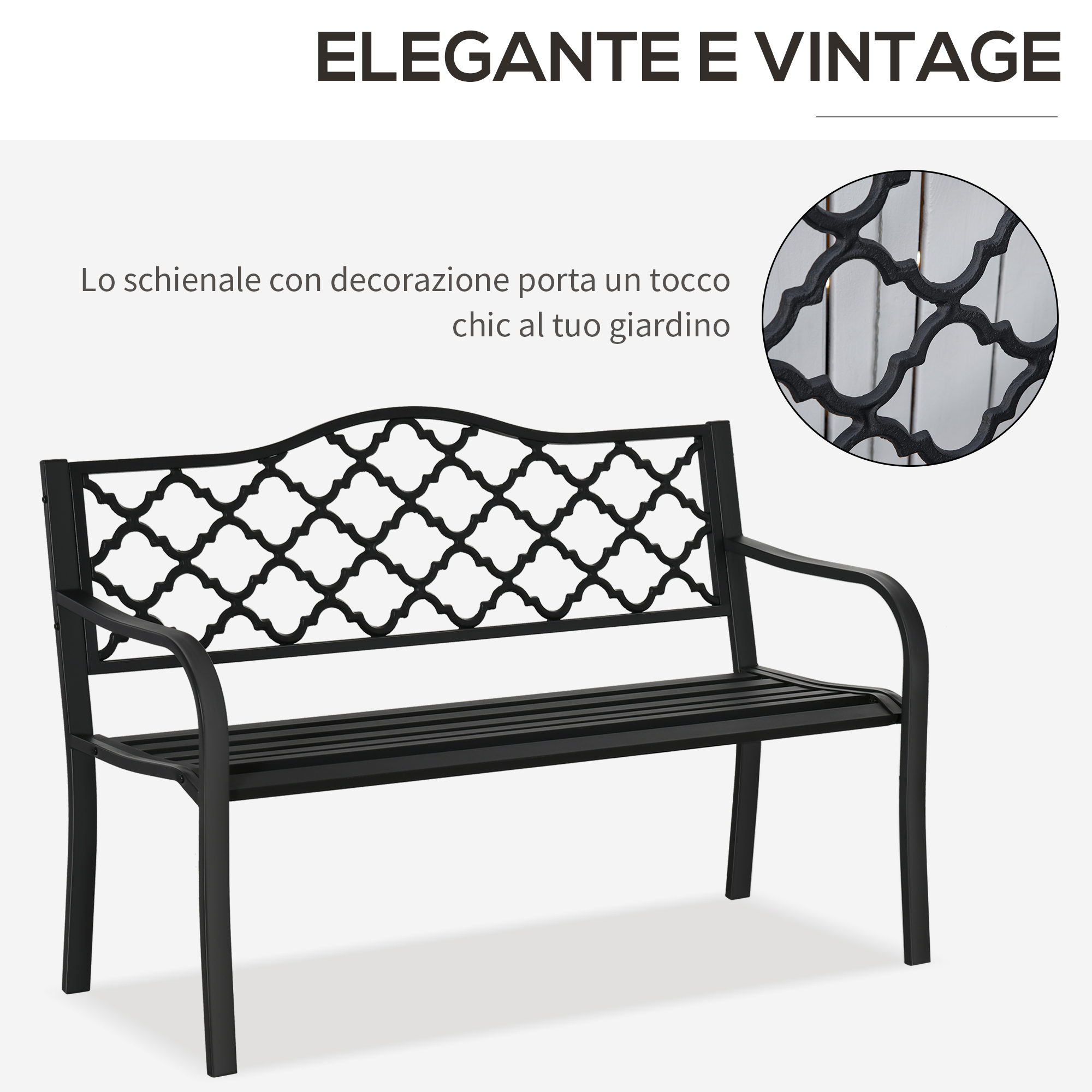 Panca da giardino nera con schienale decorativo e seduta a listelli.
