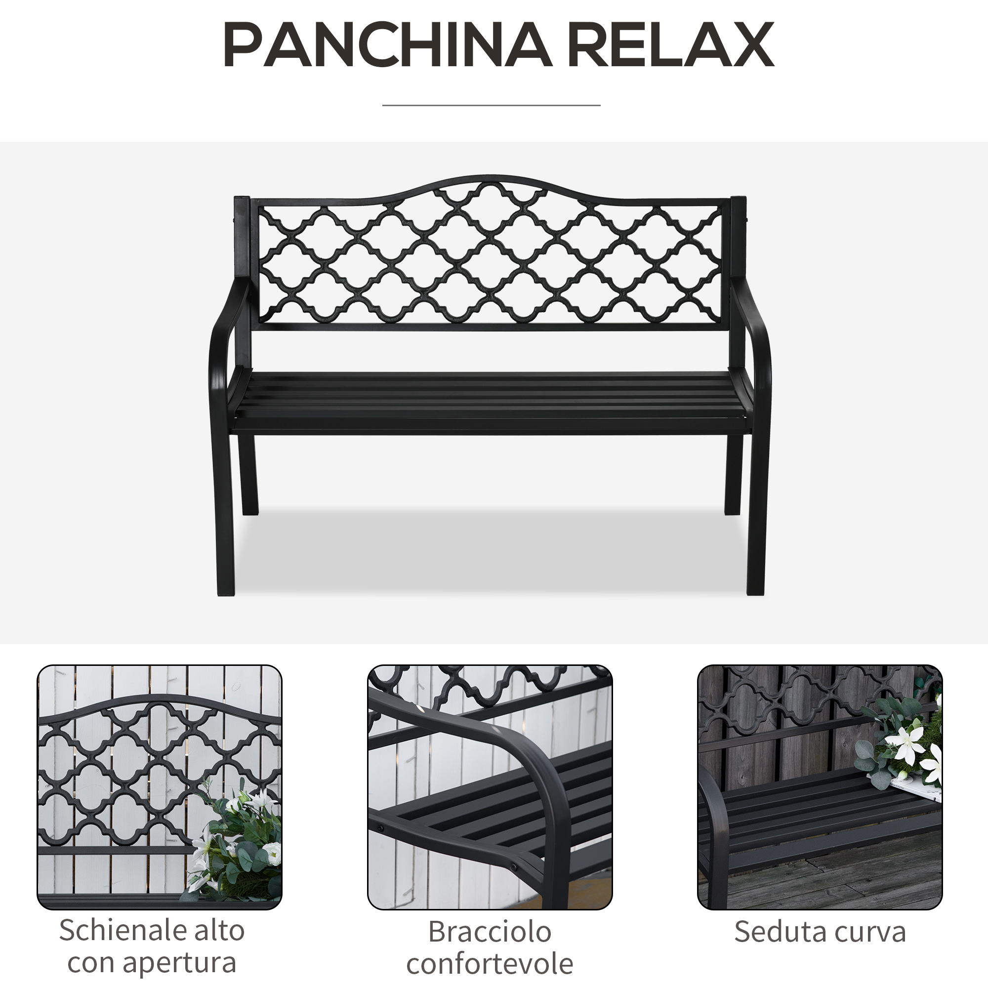 Panchina in metallo nero con schienale e seduta a doghe.