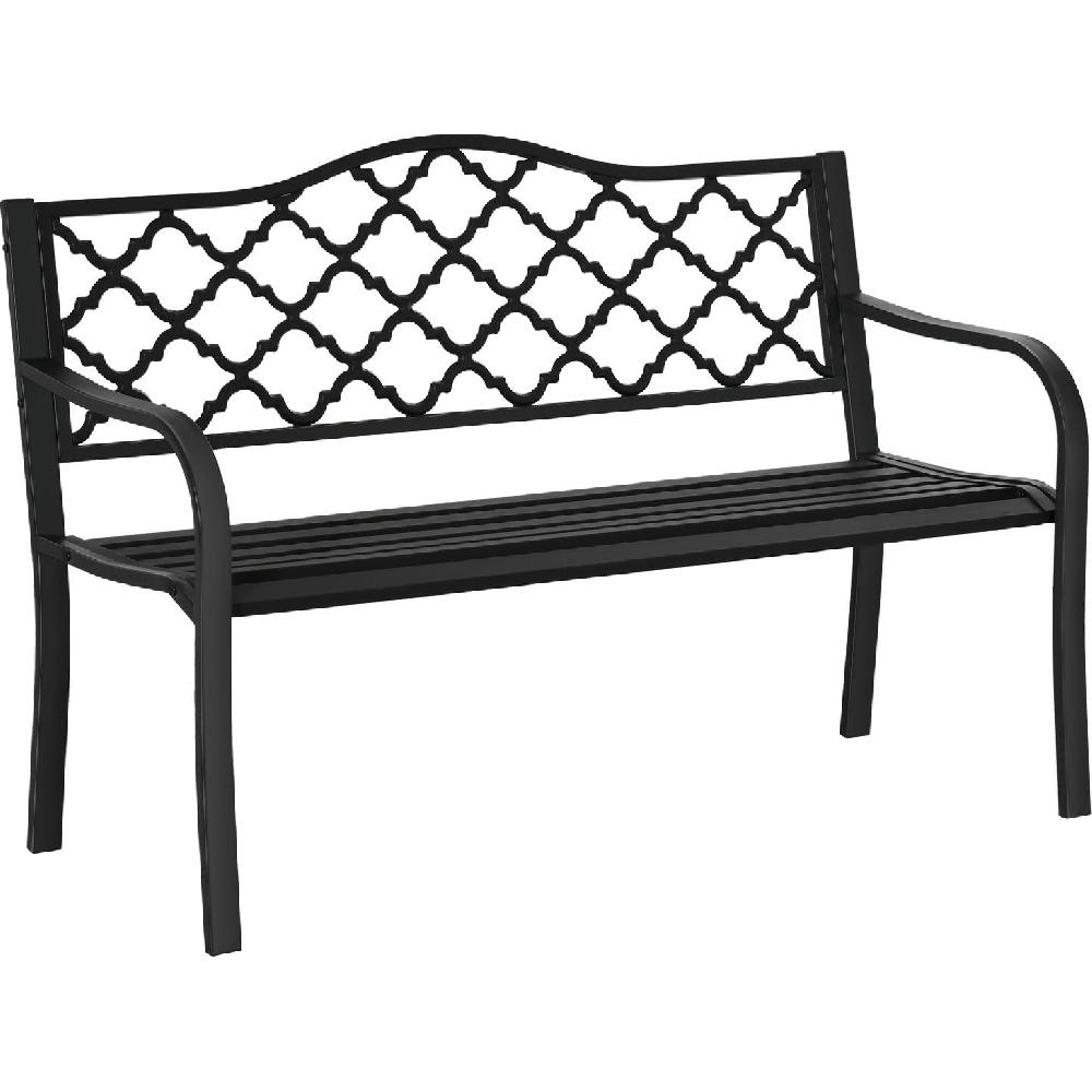 Una panchina da giardino nera con schienale ornamentale e seduta a listelli.