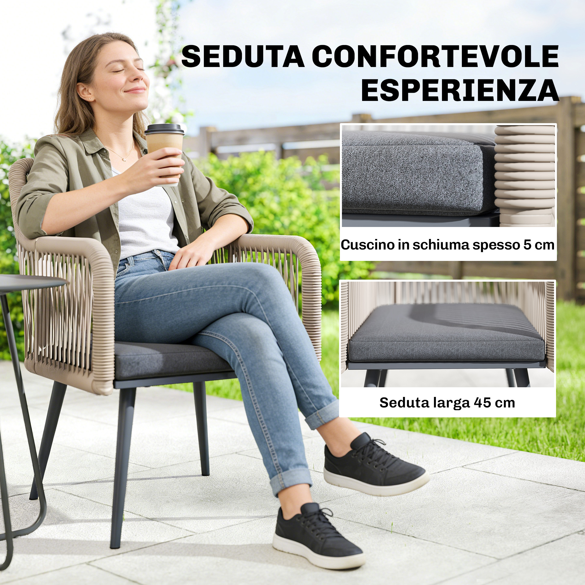 Donna sorseggia caffè all'aperto, seduta su sedia con cuscino spesso.