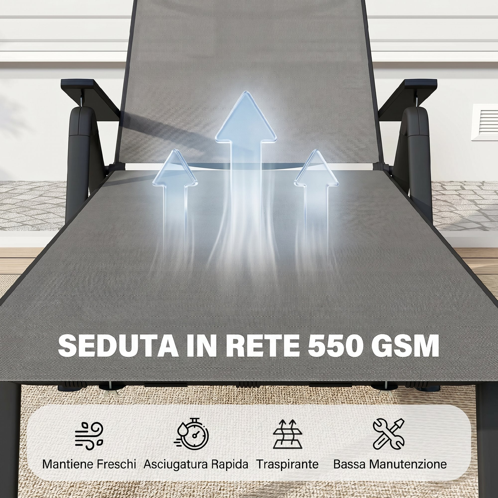 Sdraio in rete grigia con frecce di flusso d'aria.