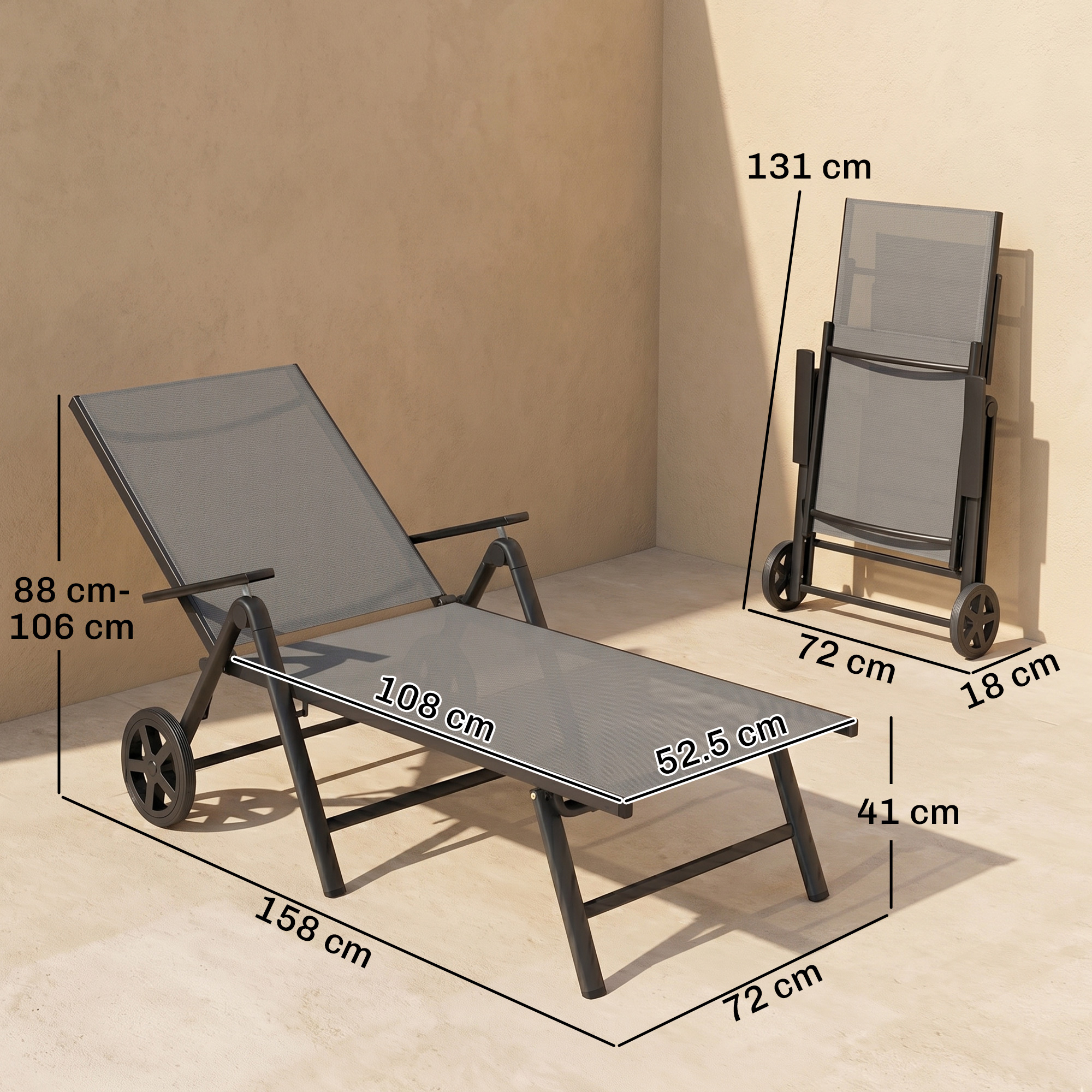 Sdraio grigio, aperto e piegato, con dimensioni.