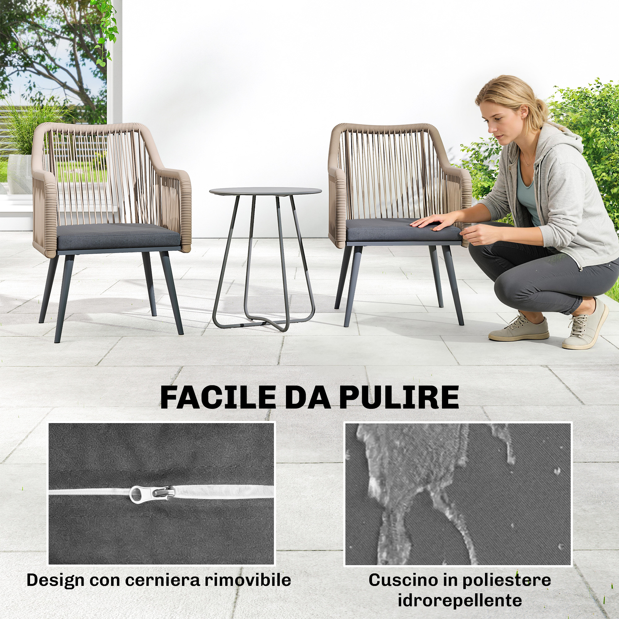 Donna inginocchiata vicino a sedia da esterno. Dettagli mostrano cerniera e tessuto idrorepellente.