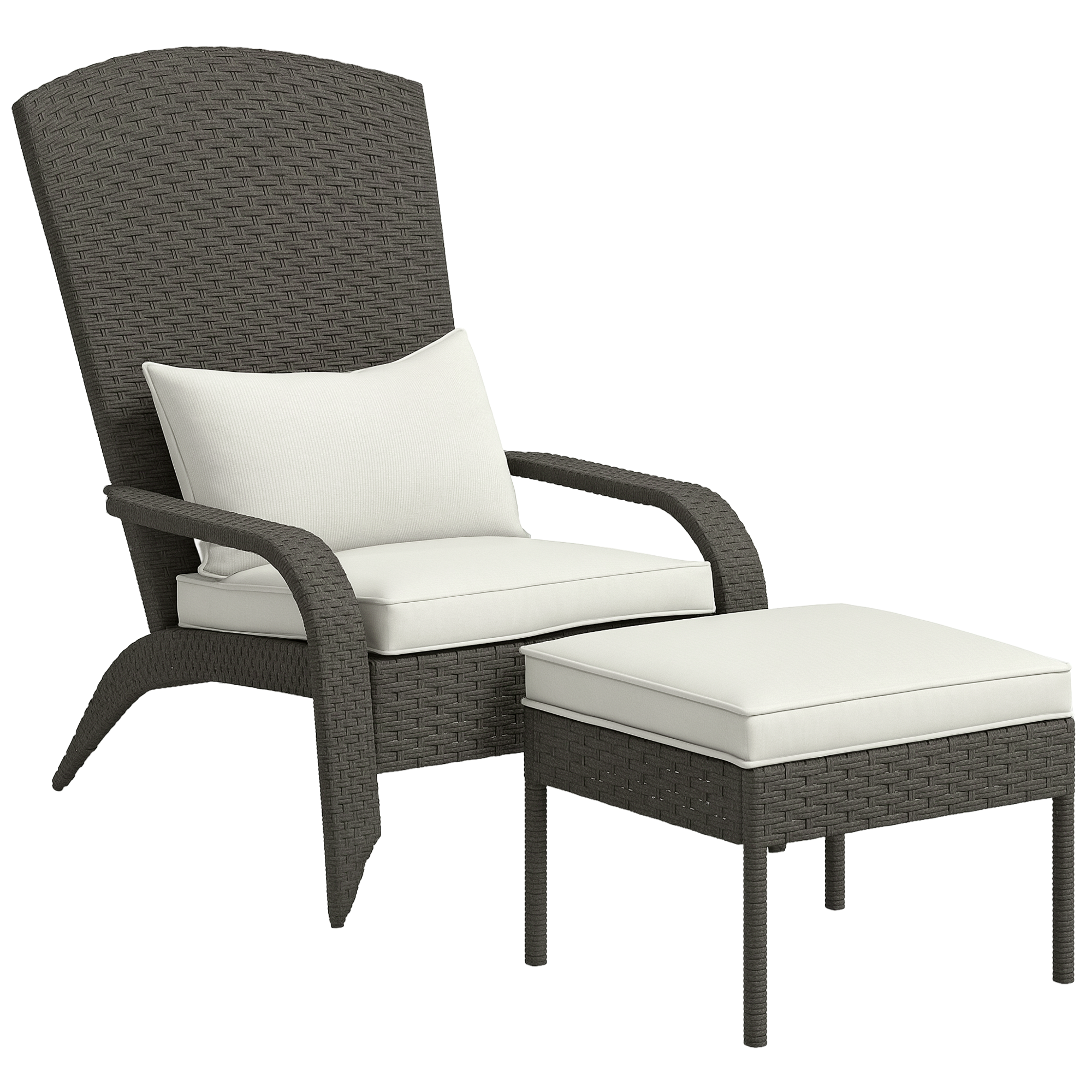 Sedia in rattan scuro con cuscini bianchi e pouf abbinato.