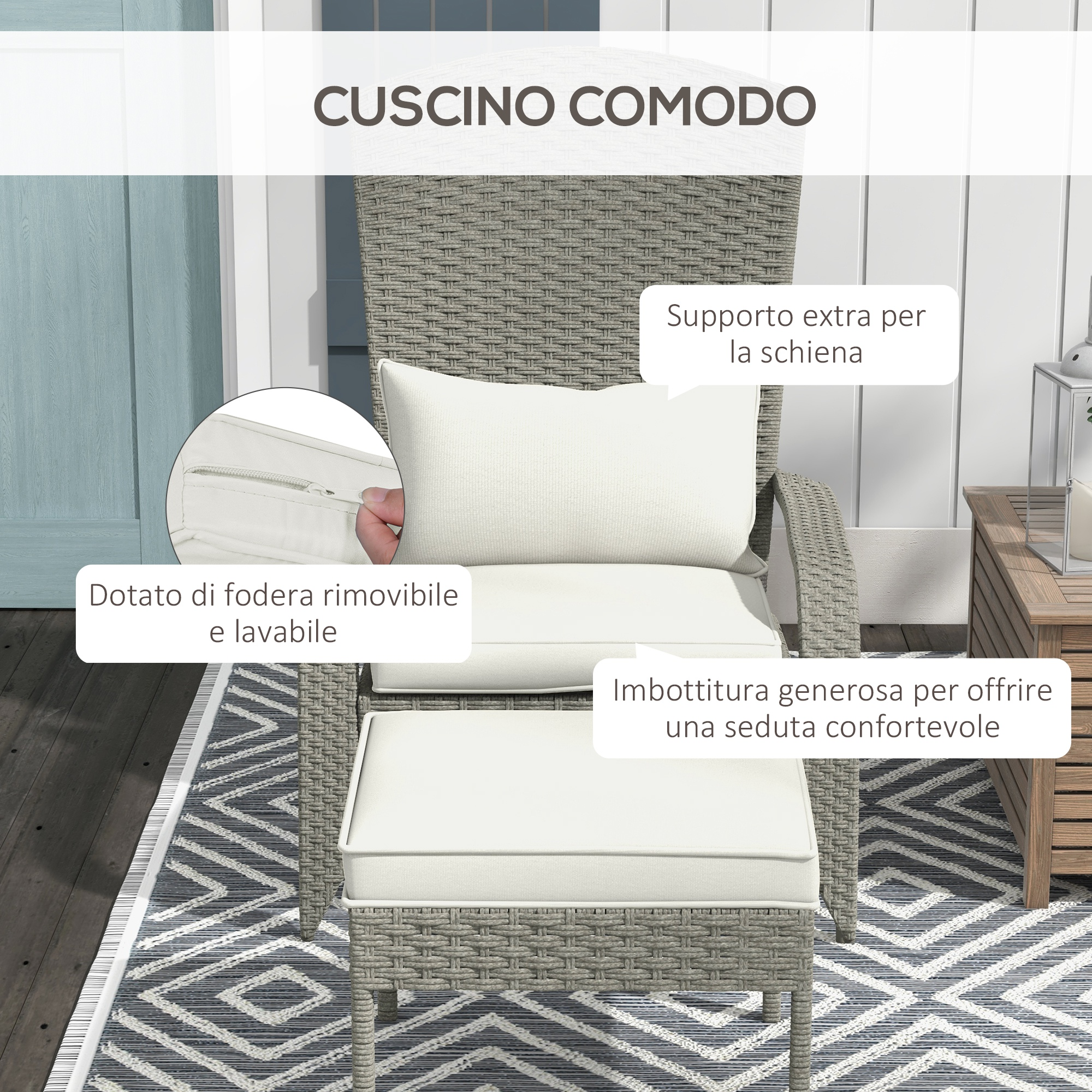 Sedia in rattan grigio con cuscini bianchi, fodera rimovibile e pouf.