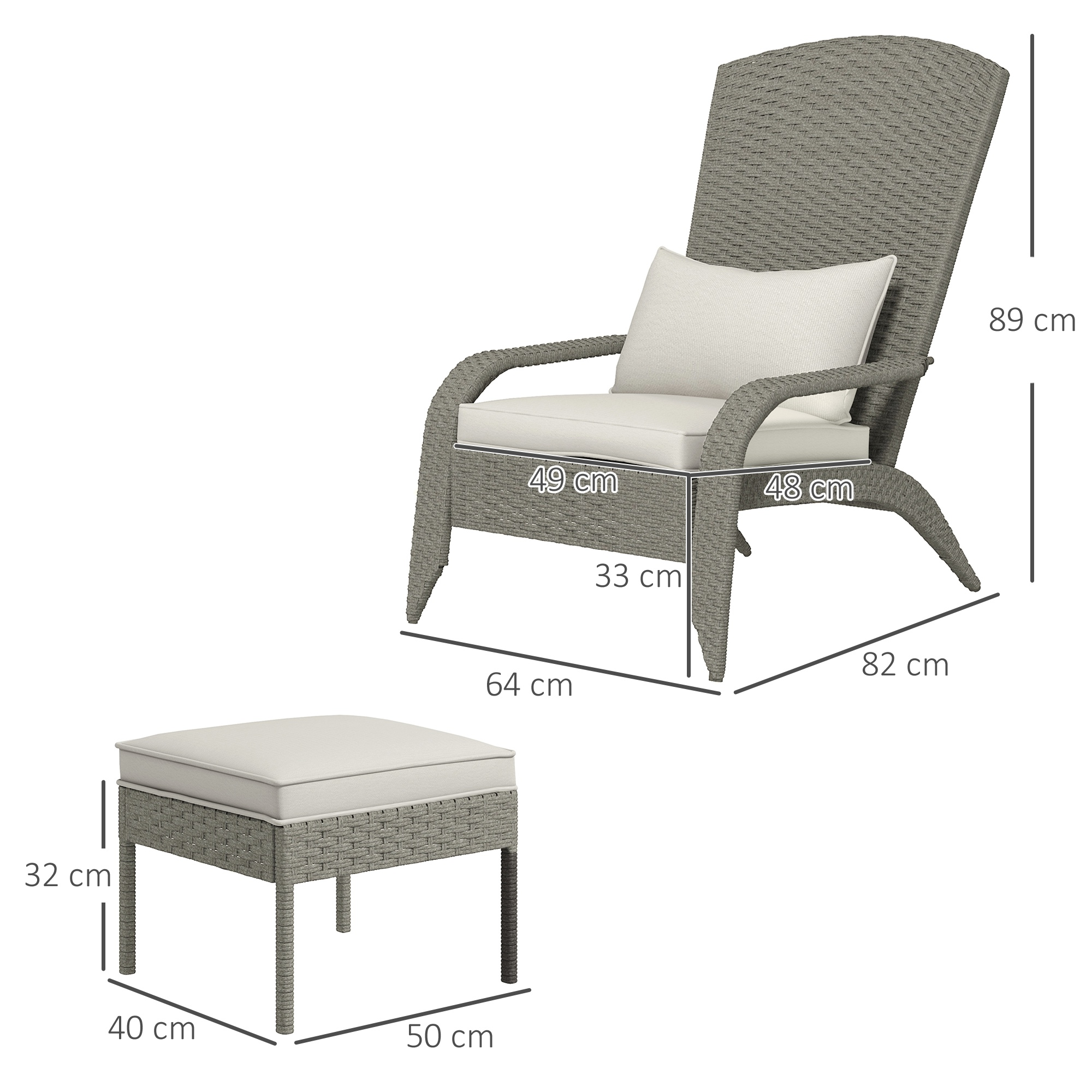 Sedia in rattan grigio con cuscino bianco e pouf. Dimensioni indicate.
