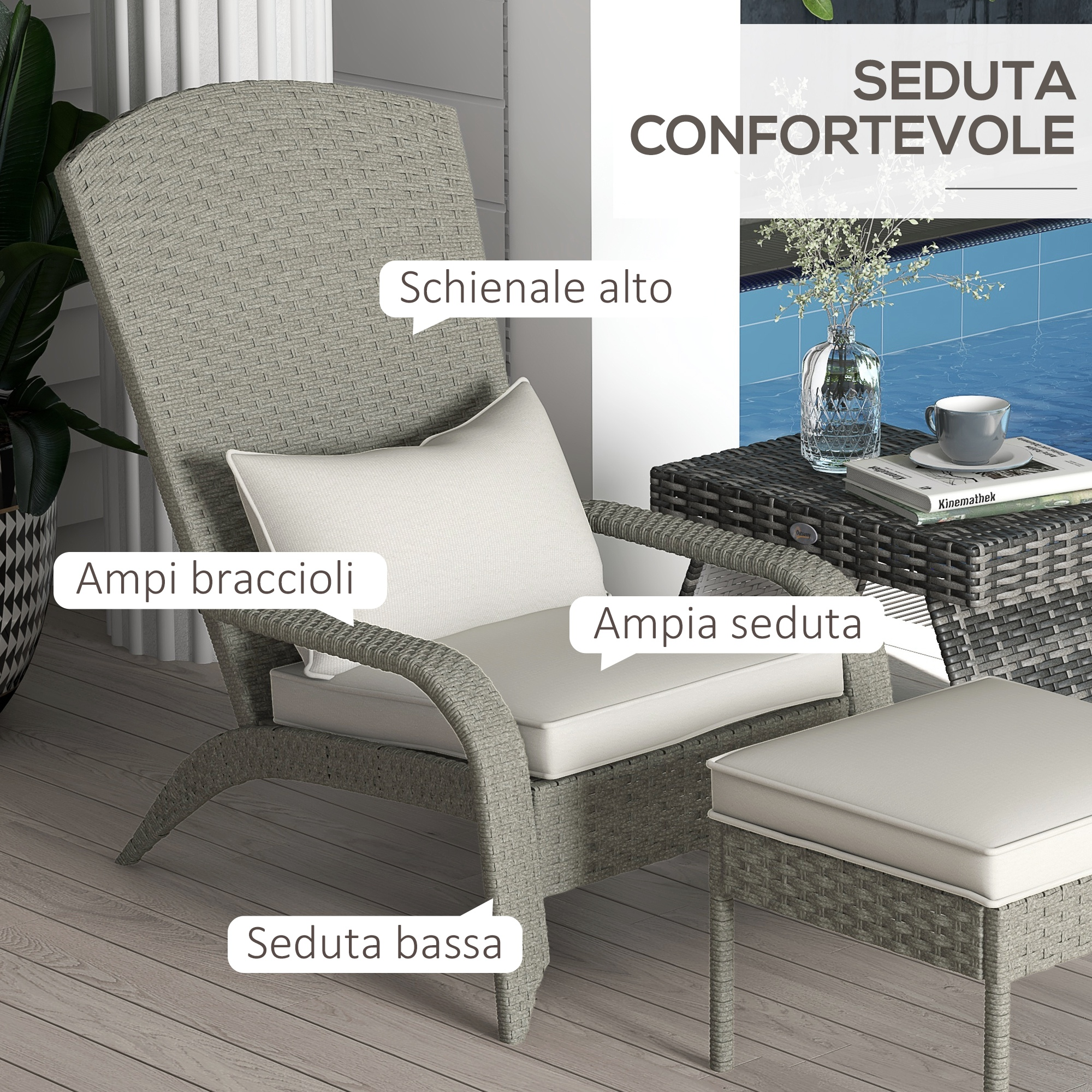 Poltrona in rattan grigio con cuscini bianchi e tavolino vicino alla piscina.