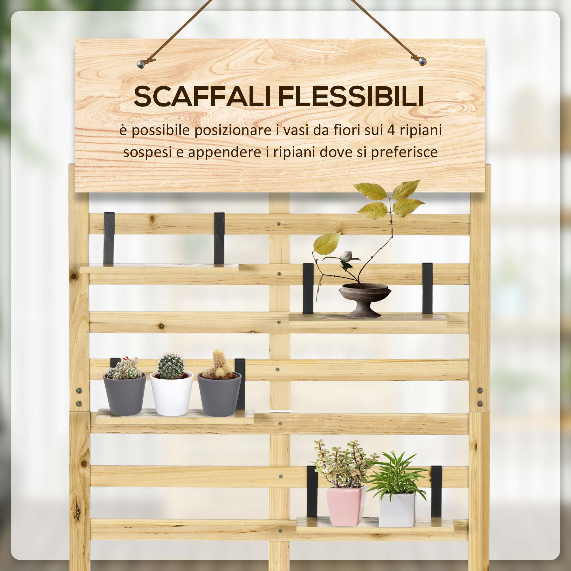 Scaffale in legno a 4 ripiani, decorato con varie piante e vasi.